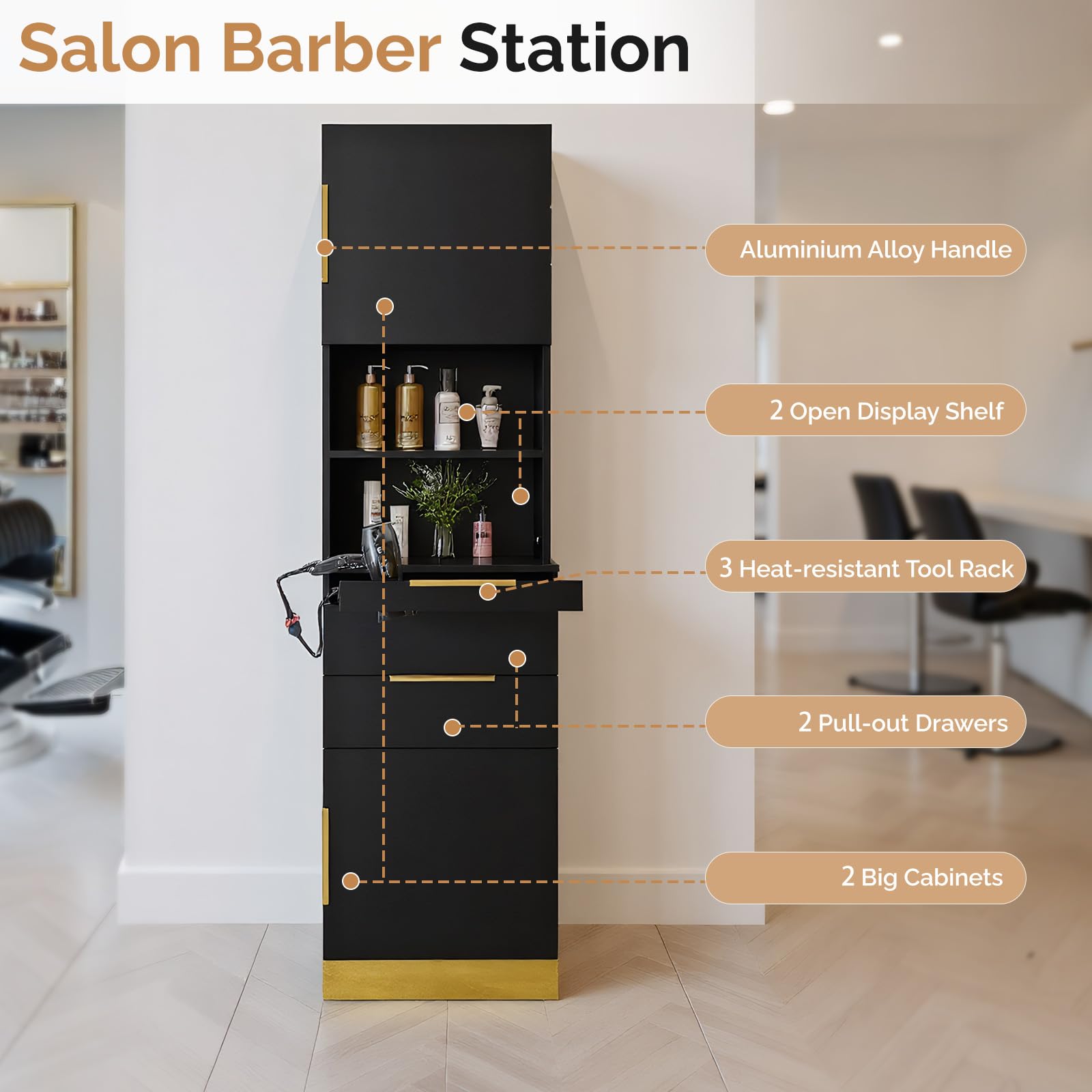 OmySalon HSCS Barber Storage Station Cabinet with 2 Drawers 2 Cabinets 2 Open Shelves 3 Hair Dryer Holders