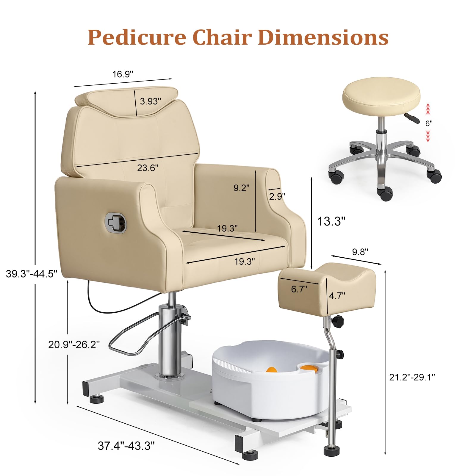 OmySalon PCM-WB 360° Rotation Hydraulic Pedicure Chair with Bubble Massage Foot Bath & Rolling Stool