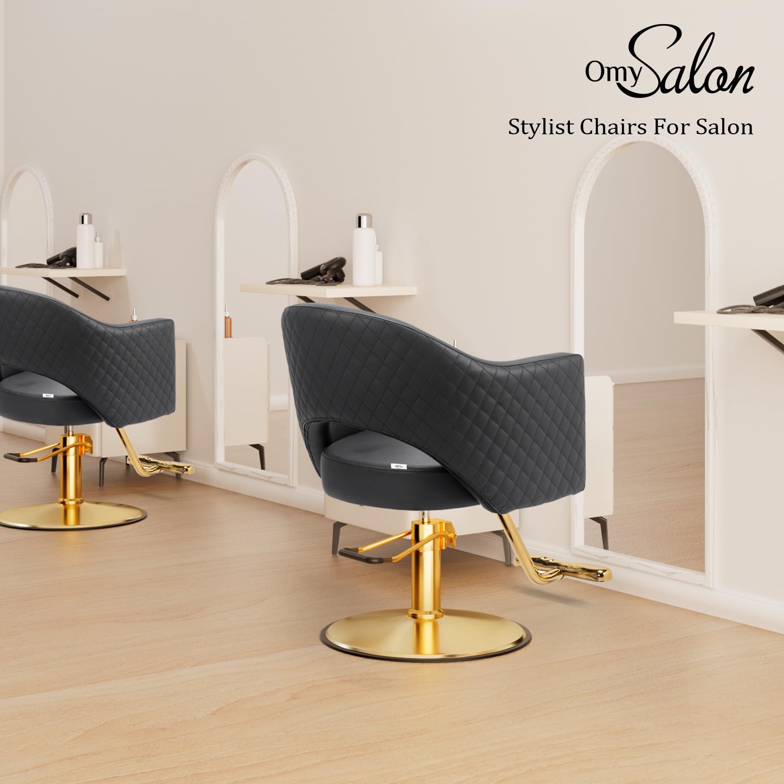 OmySalon SC3401 Heavy Duty 360° Swivel Styling Chair with Rhombus Stitch Pattern Back & Gold Footrest