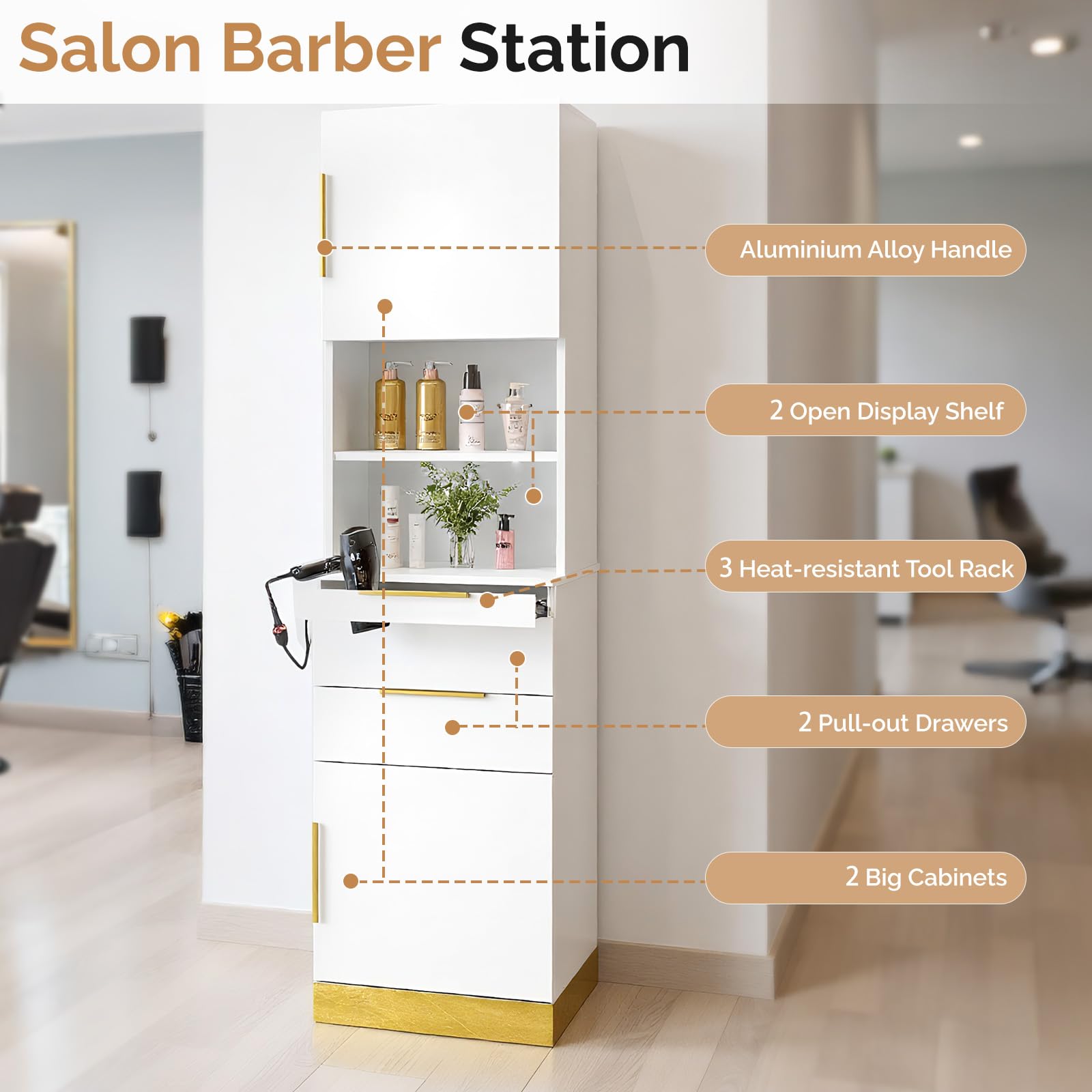 OmySalon HSCS Barber Storage Station Cabinet with 2 Drawers 2 Cabinets 2 Open Shelves 3 Hair Dryer Holders