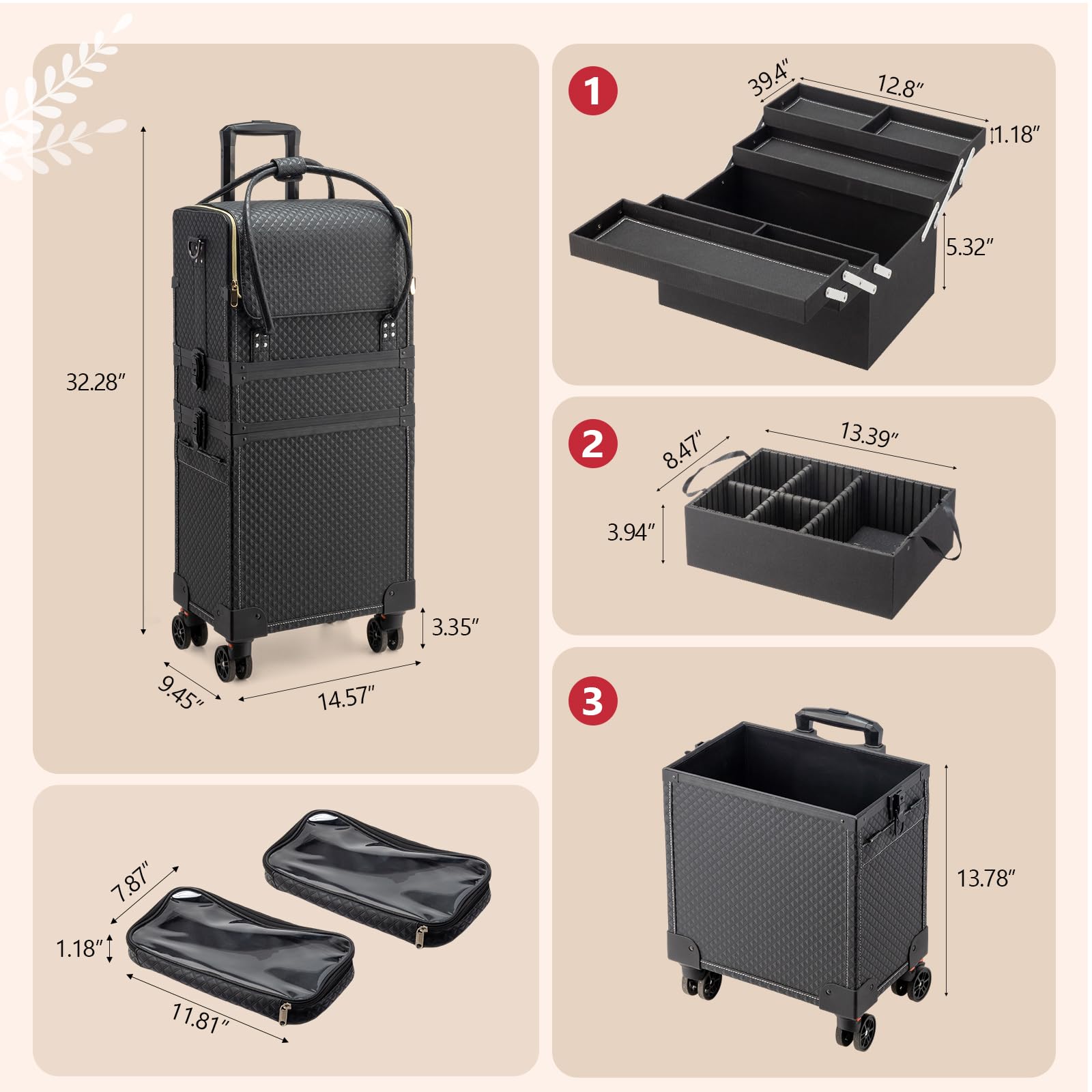 OmySalon 4-in-1 Portable Lockable Rolling Makeup Train Case with 4 Top Trays & 1 Deep Drawer
