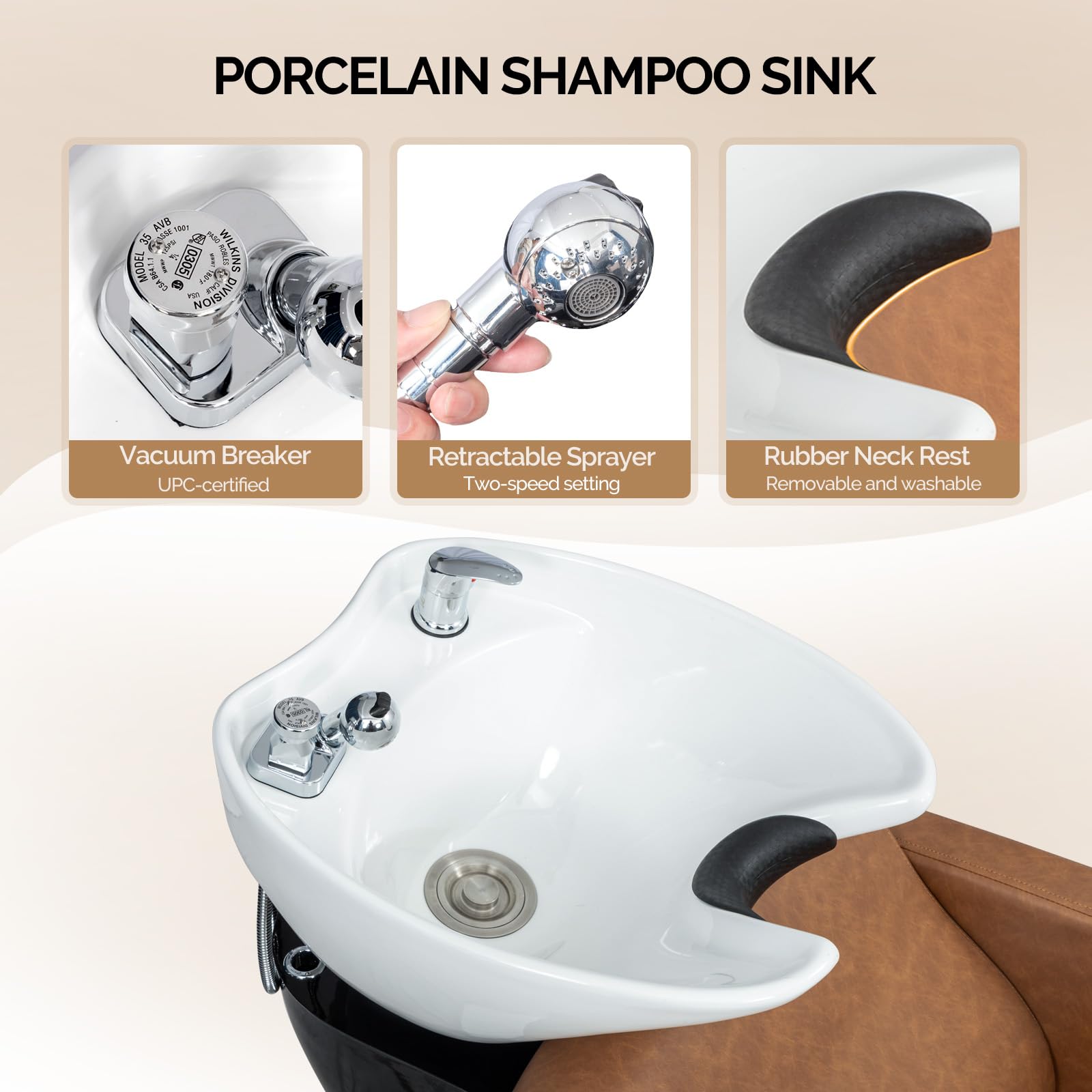 OmySalon BU1401 Salon Shampoo Bowl and Chair Backwash Unit with Extra Wide Seat & Porcelain Hair Washing Sink