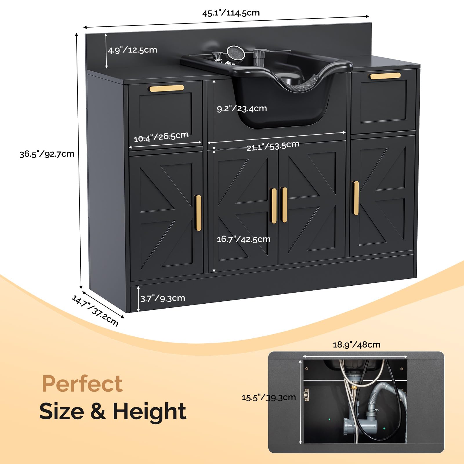 Omysalon SCWSB Freestanding Salon Wet Cabinet Station with Storage Drawers, Shampoo Bowl & Geometric Finish