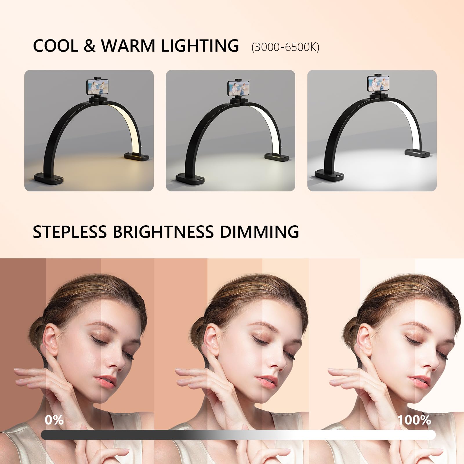 OmySalon 29" Foldable Shadowless Half Moon LED Nail Lamp with 3000-6500K Adjustable Color Temperature, Stepless Dimming & Phone Holder
