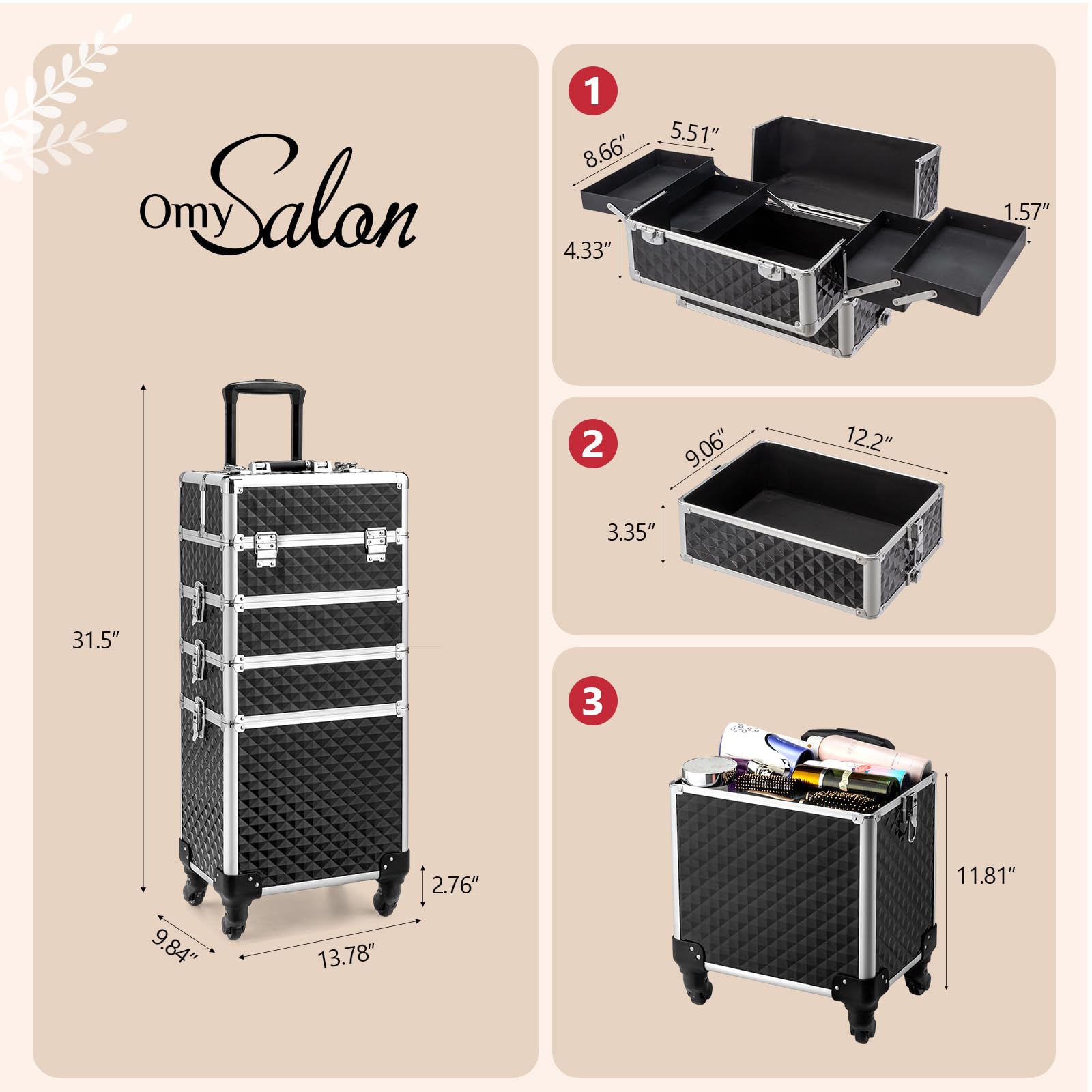 OmySalon 4-in-1 Aluminum Lockable Rolling Makeup Train Case