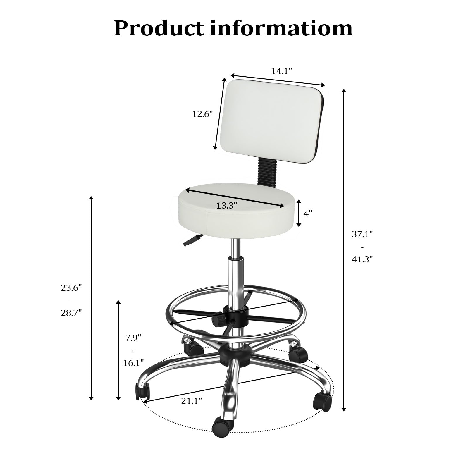 OmySalon Adjustable Thick Seat Cushion Rolling Stool with Back Support & Footrest
