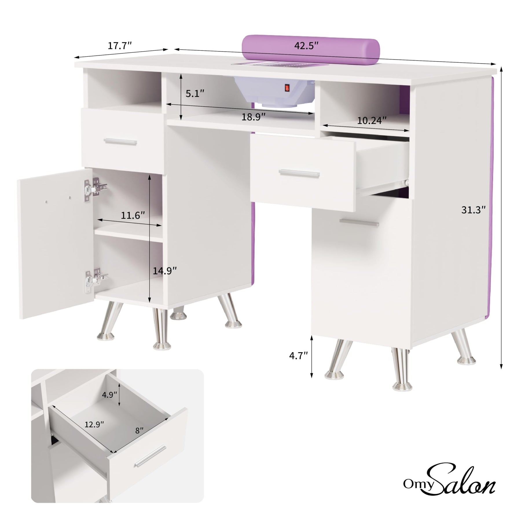 OmySalon MT-SC Nail Manicure Table w/Electric Dust Collector & Wrist Rest & Diamond Decoration