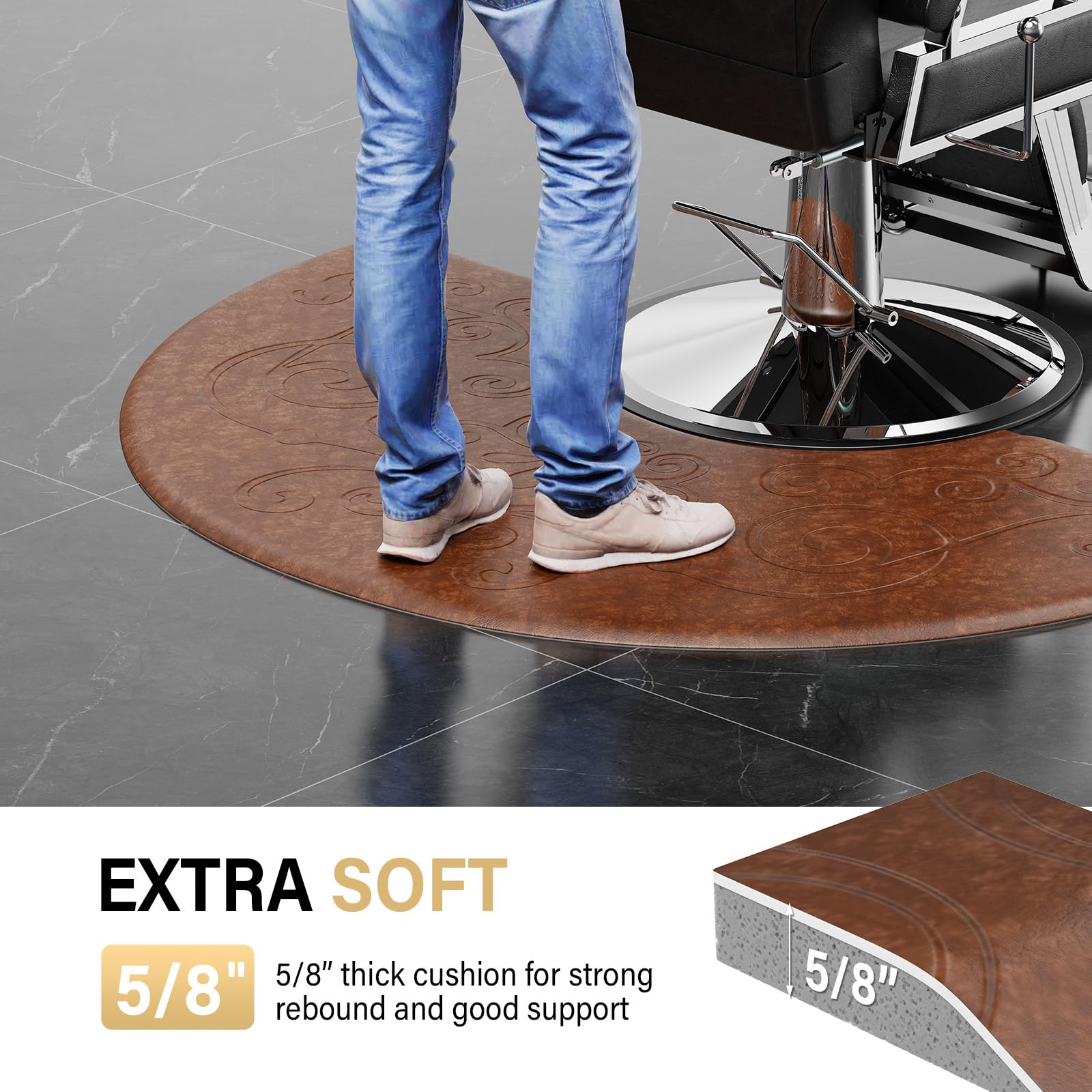 OmySalon 3'x5' Semi-Circle 3D Embossed Anti-Fatigue Salon Mat with Round Cutout 5/8" Thick