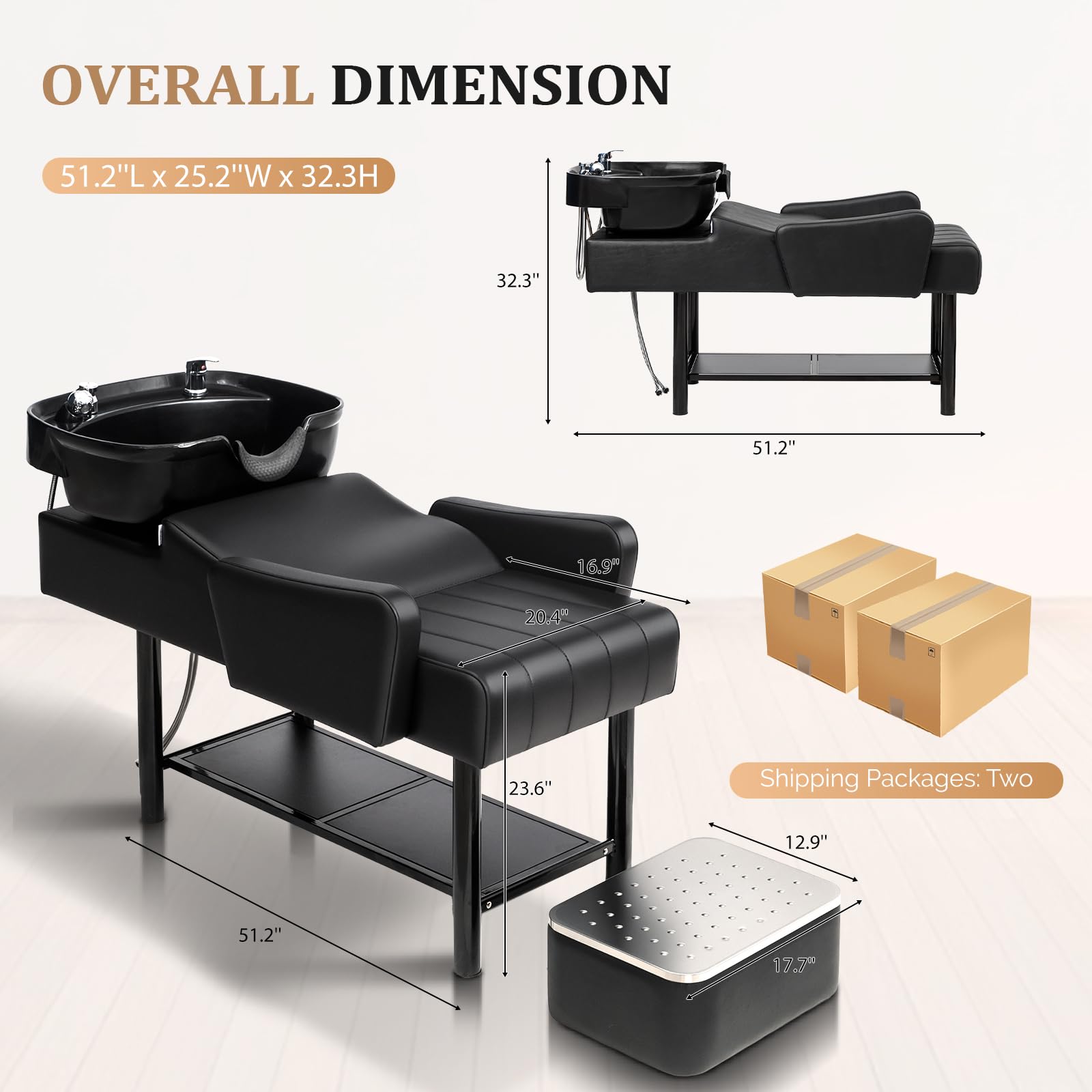 OmySalon BU2501 Salon Shampoo Backwash Unit with ABS Plastic Bowl & Storage Shelf & Freestanding Ottoman