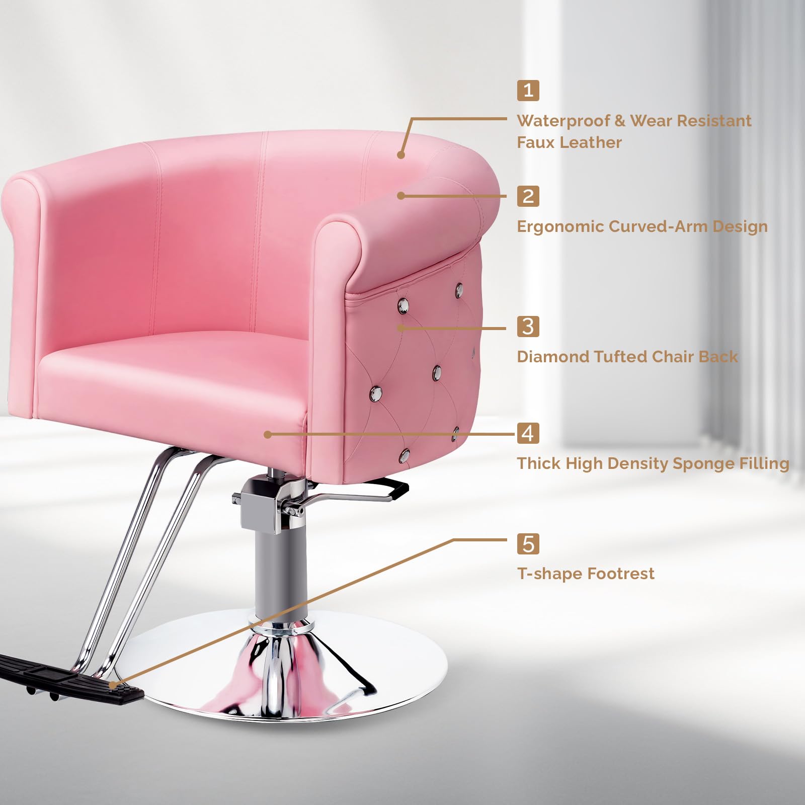 OmySalon SC3101 Modern Heavy Duty Hydraulic Swivel Hair Stylist Salon Chair w/Curved Backrest and Acrylic Button Accents