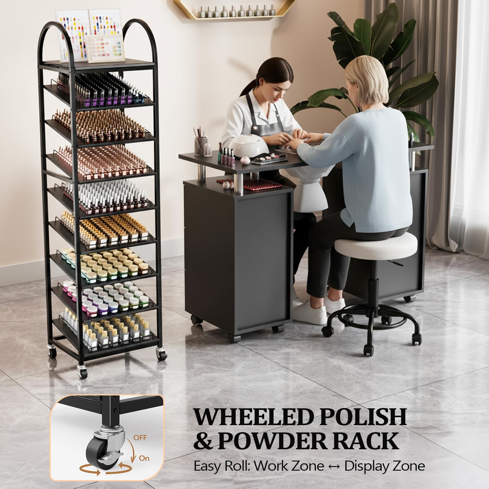 OmySalon 8-Tier Rolling Nail Polish & Powder Display Organizer Rack with Wheels