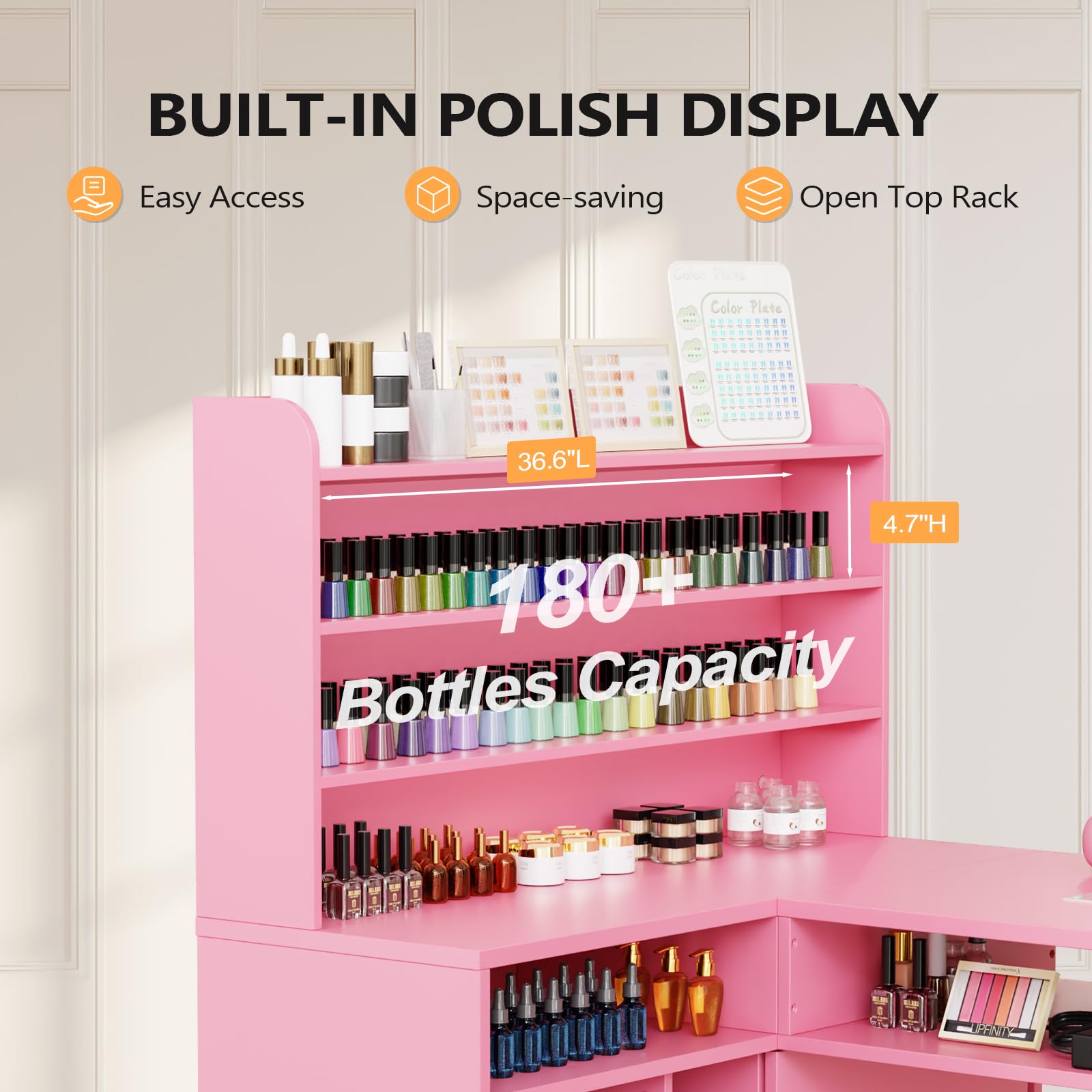 OmySalon MT-LS 52" L Shaped Nail Manicure Table w/Polish Display Rack & Electric Dust Collector & Wrist Rest