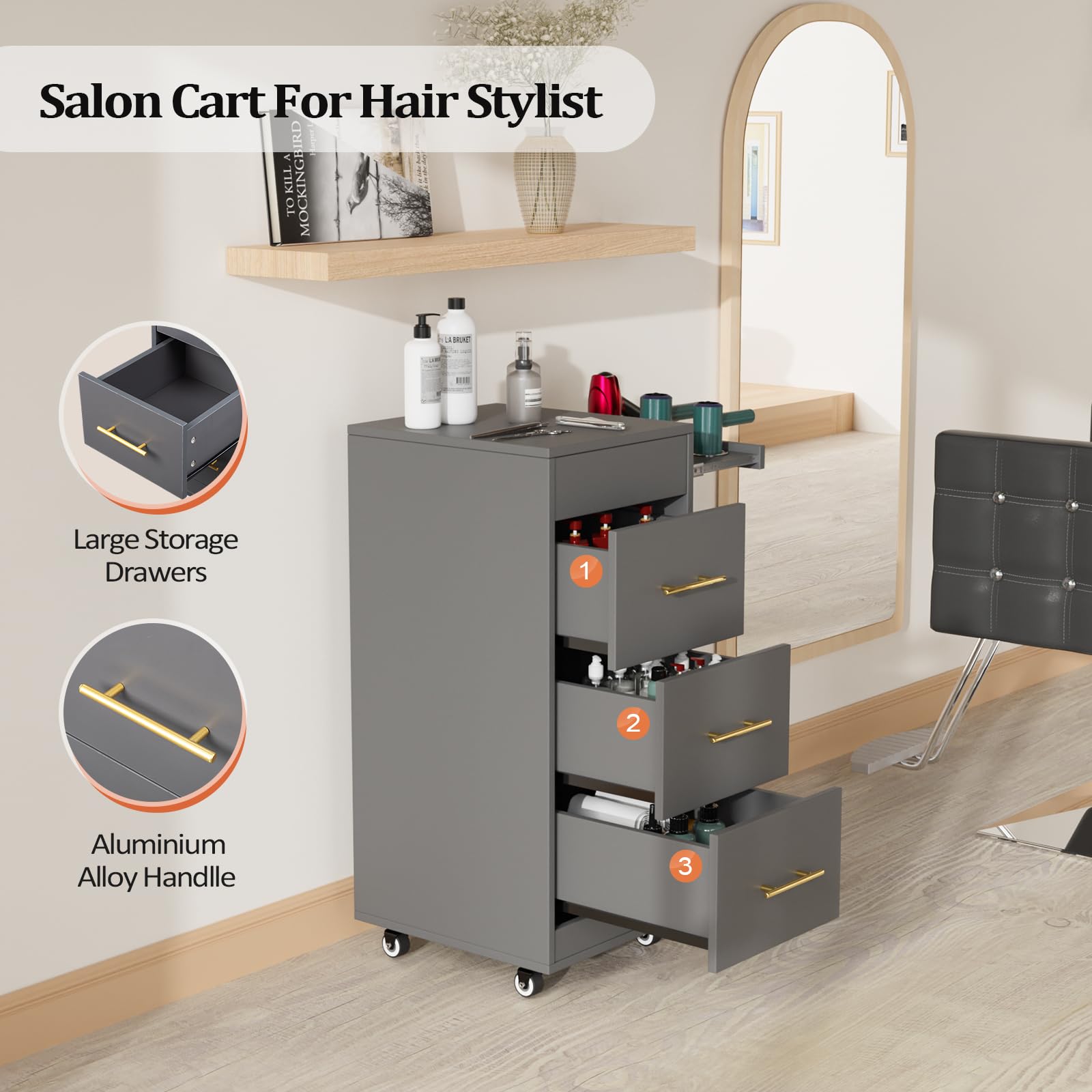 OmySalon ST1601 Wooden Mobile Salon Trolley Cart w/Wheels & 3 Drawers