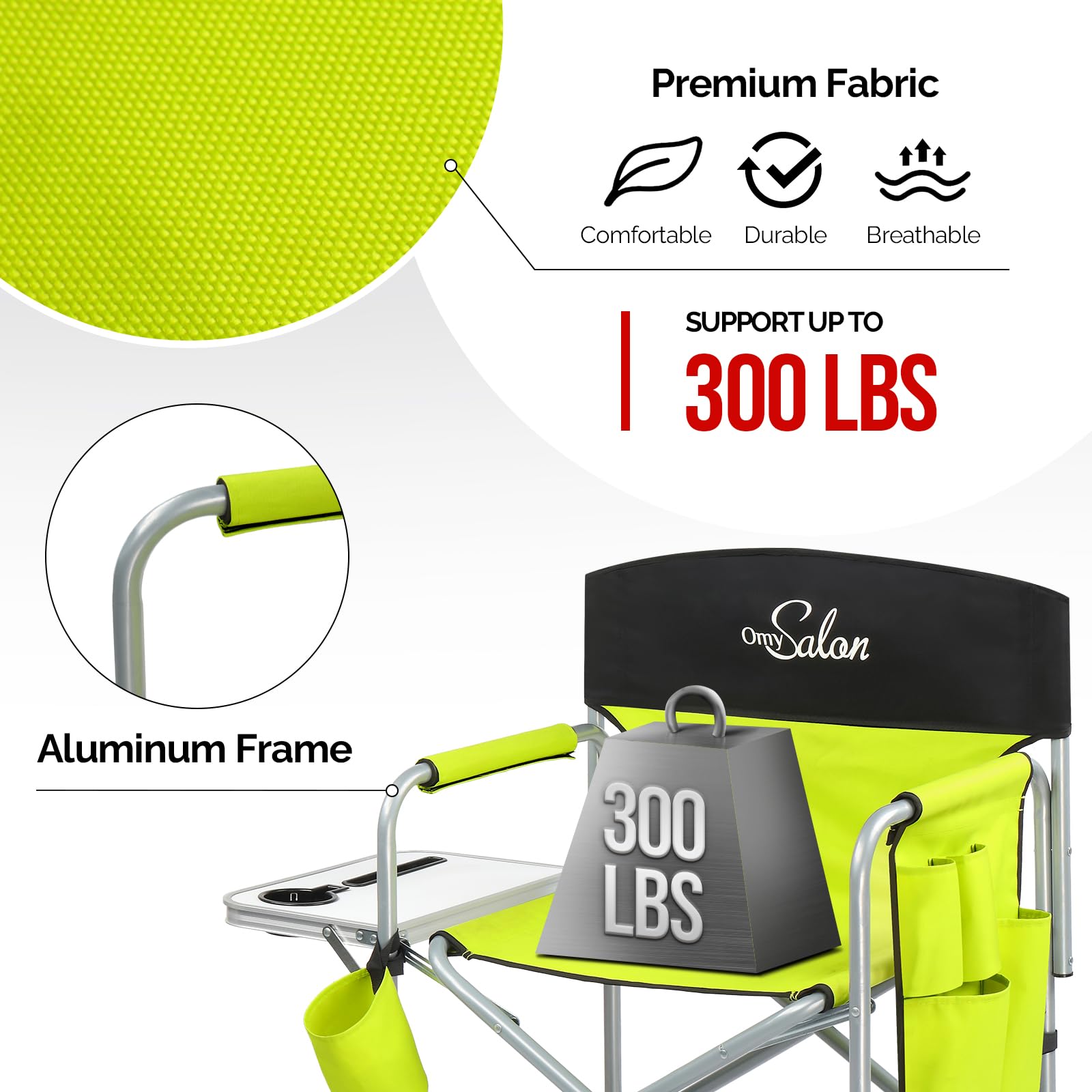 OmySalon 25in Portable Folding Director Chair with Retractable Side Tables & Side Bags