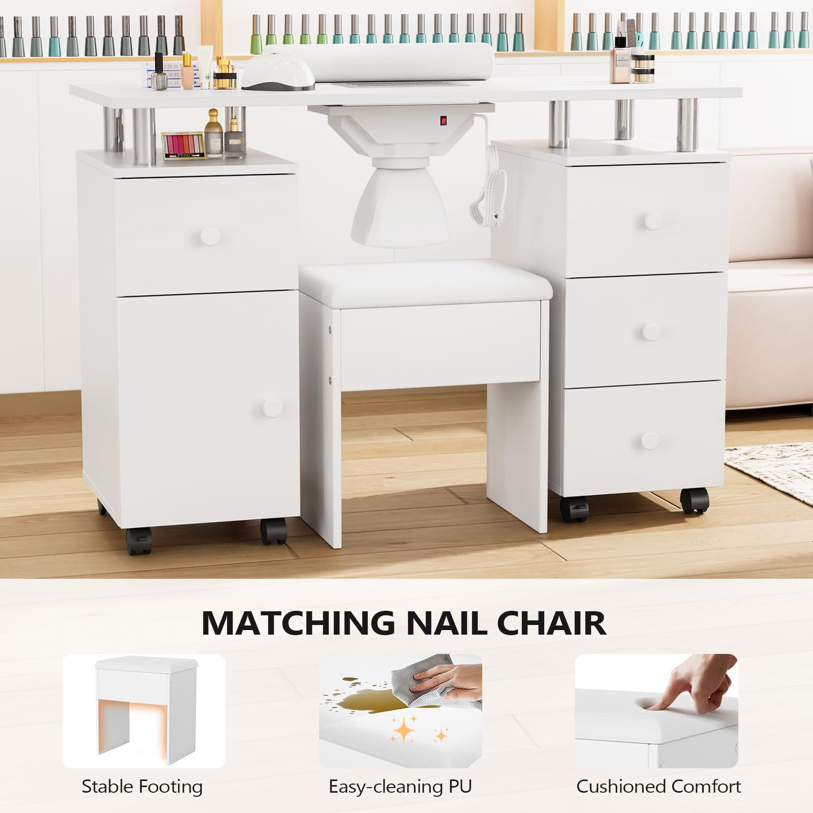 OmySalon MT-DCCH Nail Manicure Table and Chair Set w/Electric Dust Collector & Wrist Rest