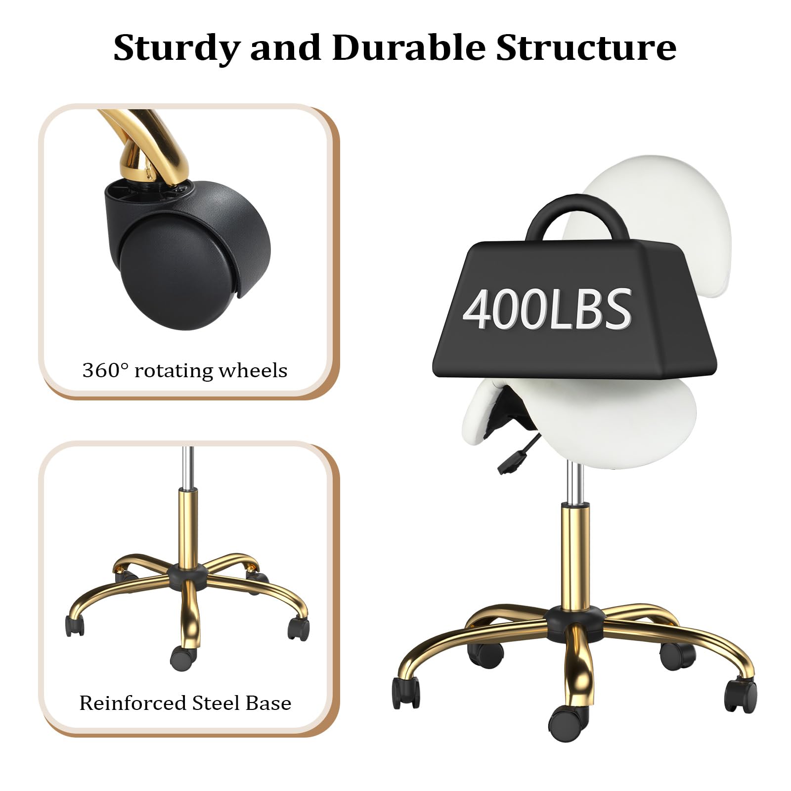 OmySalon Hydraulic Adjustable Rolling Saddle Stool with Back Support