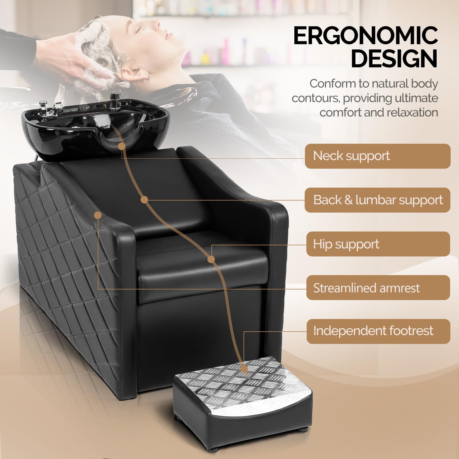 OmySalon BU1701 Salon Shampoo Bowl and Chair Backwash Unit with Large Ceramic Bowl & Freestanding Ottoman