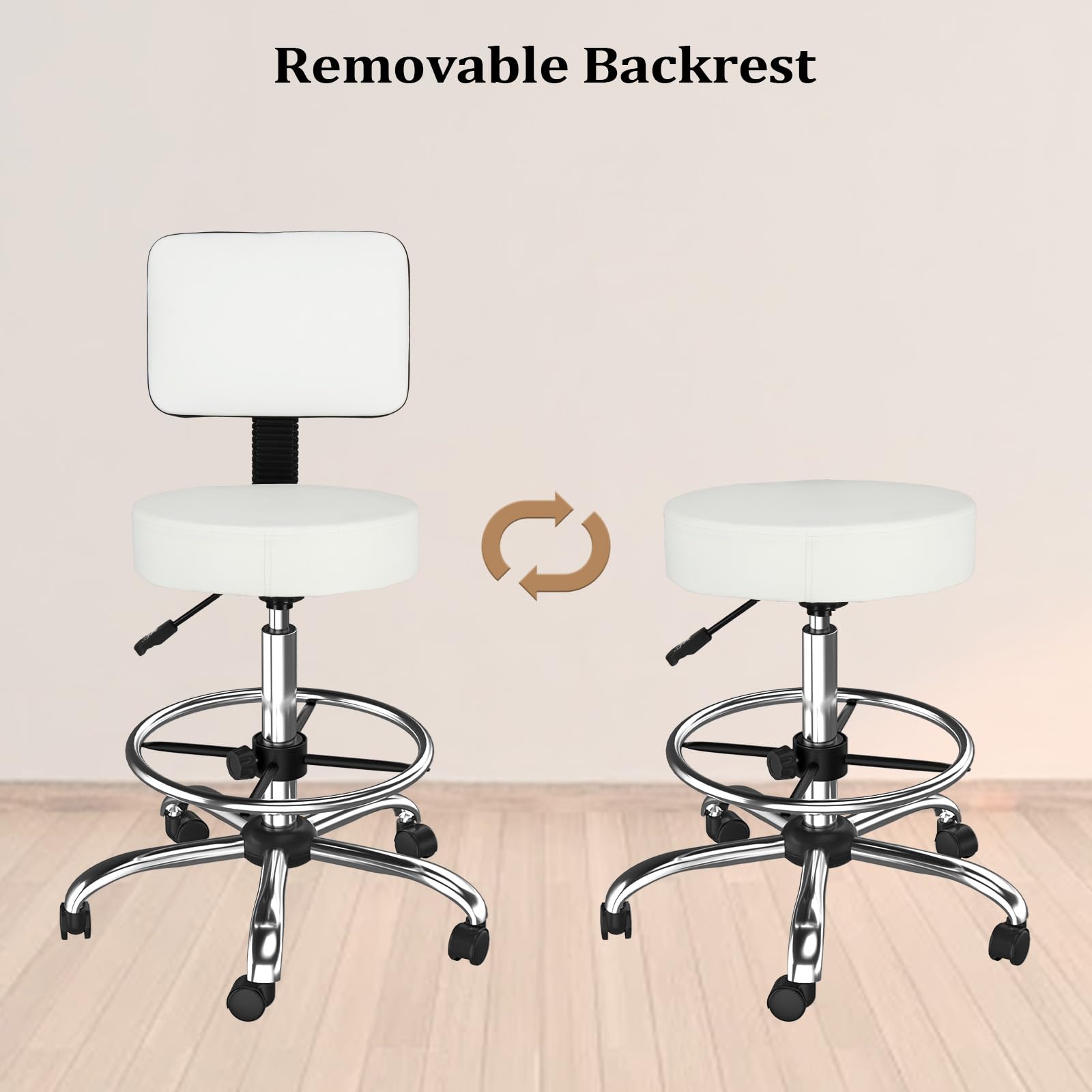 OmySalon Adjustable Thick Seat Cushion Rolling Stool with Back Support & Footrest
