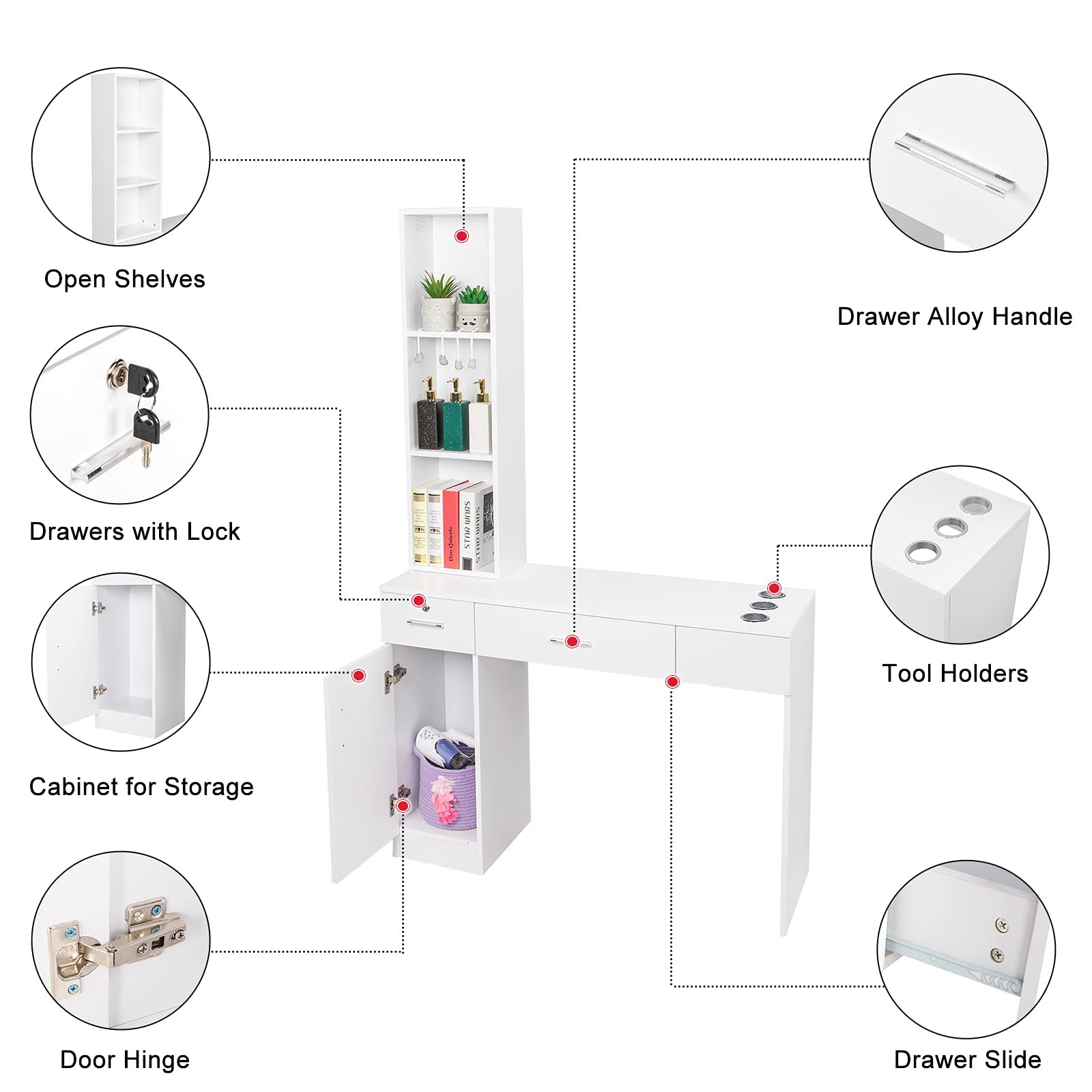 OmySalon HSC-09 Wall Mount Barber Station 2 Drawers 1 Storage Cabinet 3 Open Shelves with Mirror & Support Leg