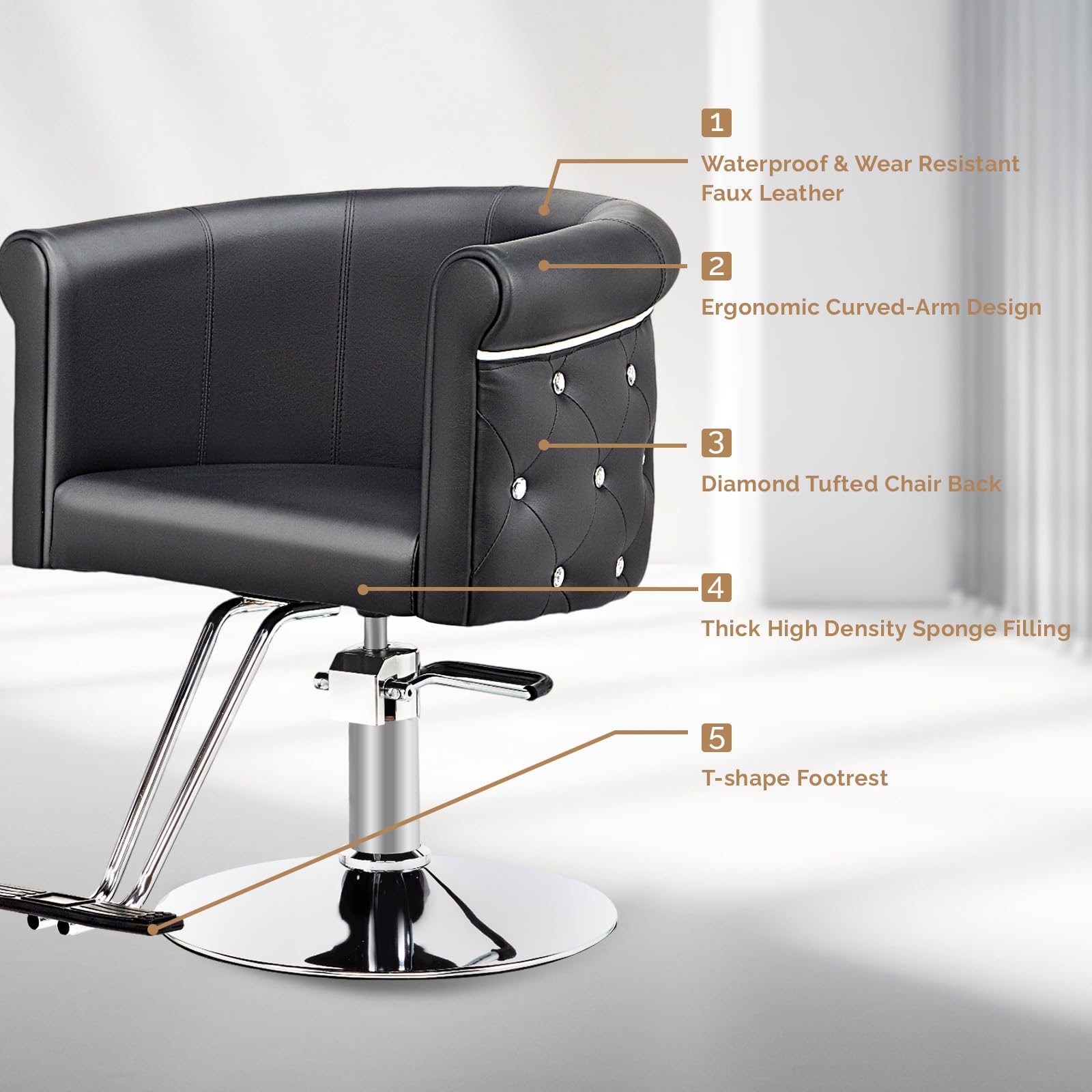 OmySalon SC3101 Modern Heavy Duty Hydraulic Swivel Hair Stylist Salon Chair w/Curved Backrest and Acrylic Button Accents