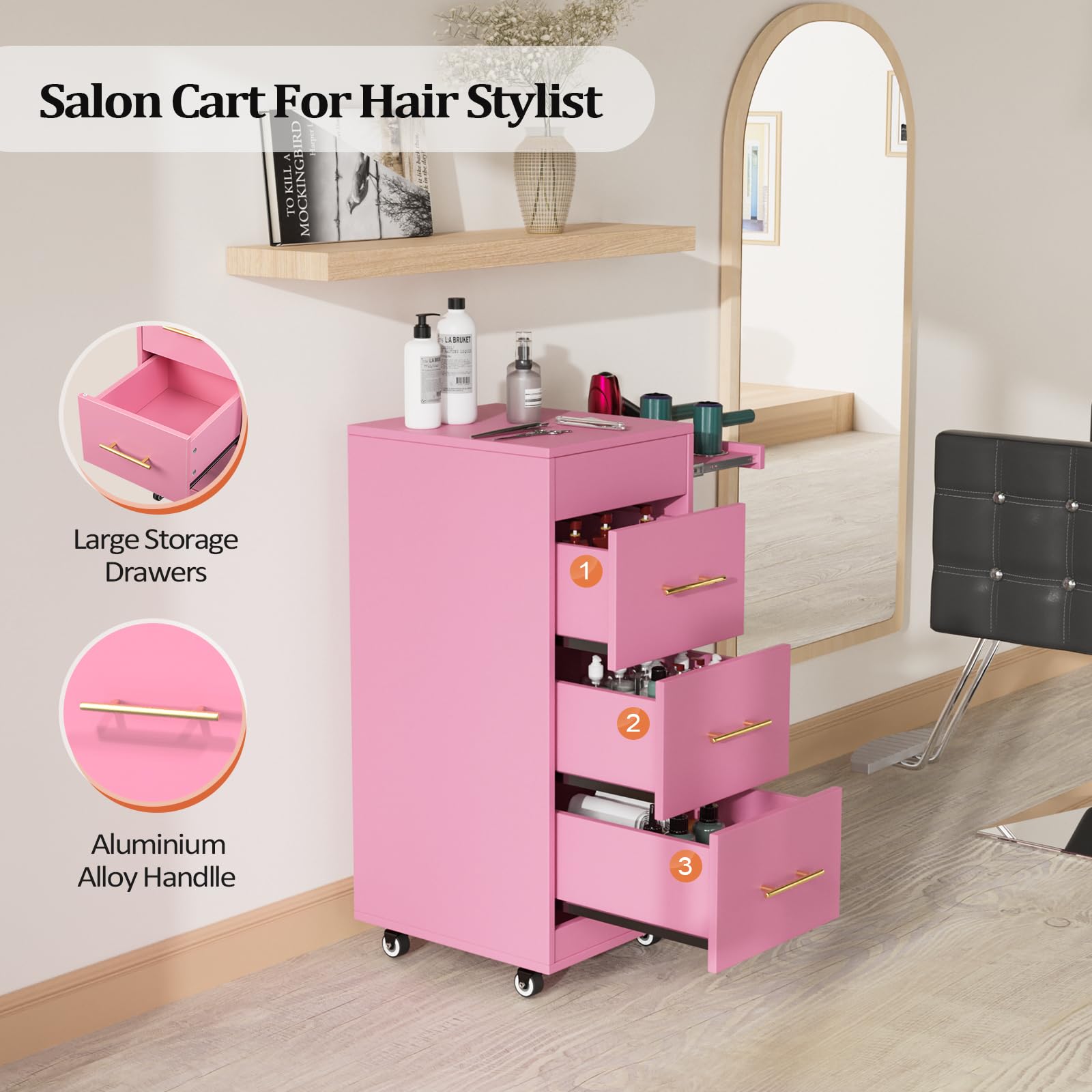 OmySalon ST1601 Wooden Mobile Salon Trolley Cart w/Wheels & 3 Drawers