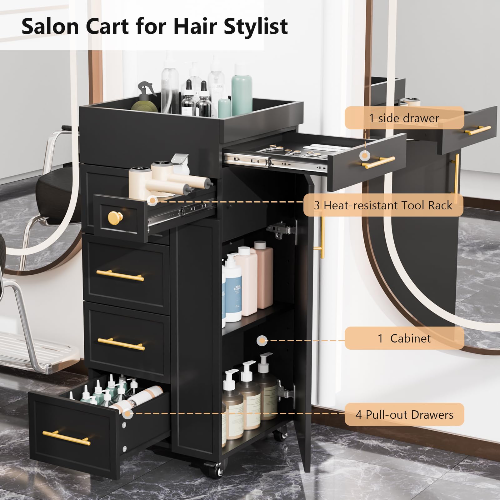 OmySalon SCFD Wooden Mobile Salon Trolley Cart w/Wheels & 5 Drawers 1 Cabinet 3 Tool Holders