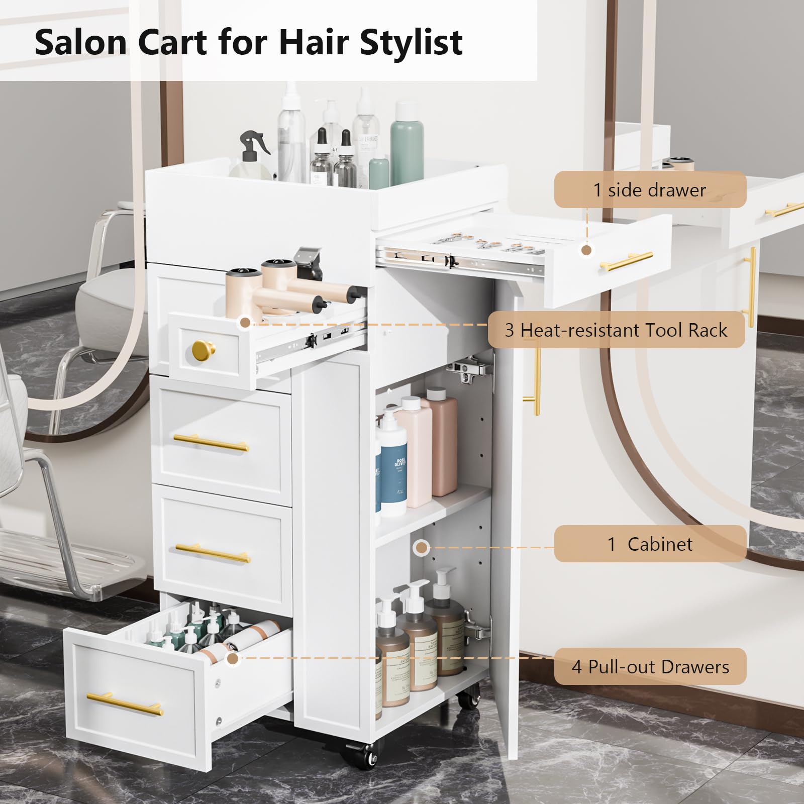 OmySalon SCFD Wooden Mobile Salon Trolley Cart w/Wheels & 5 Drawers 1 Cabinet 3 Tool Holders