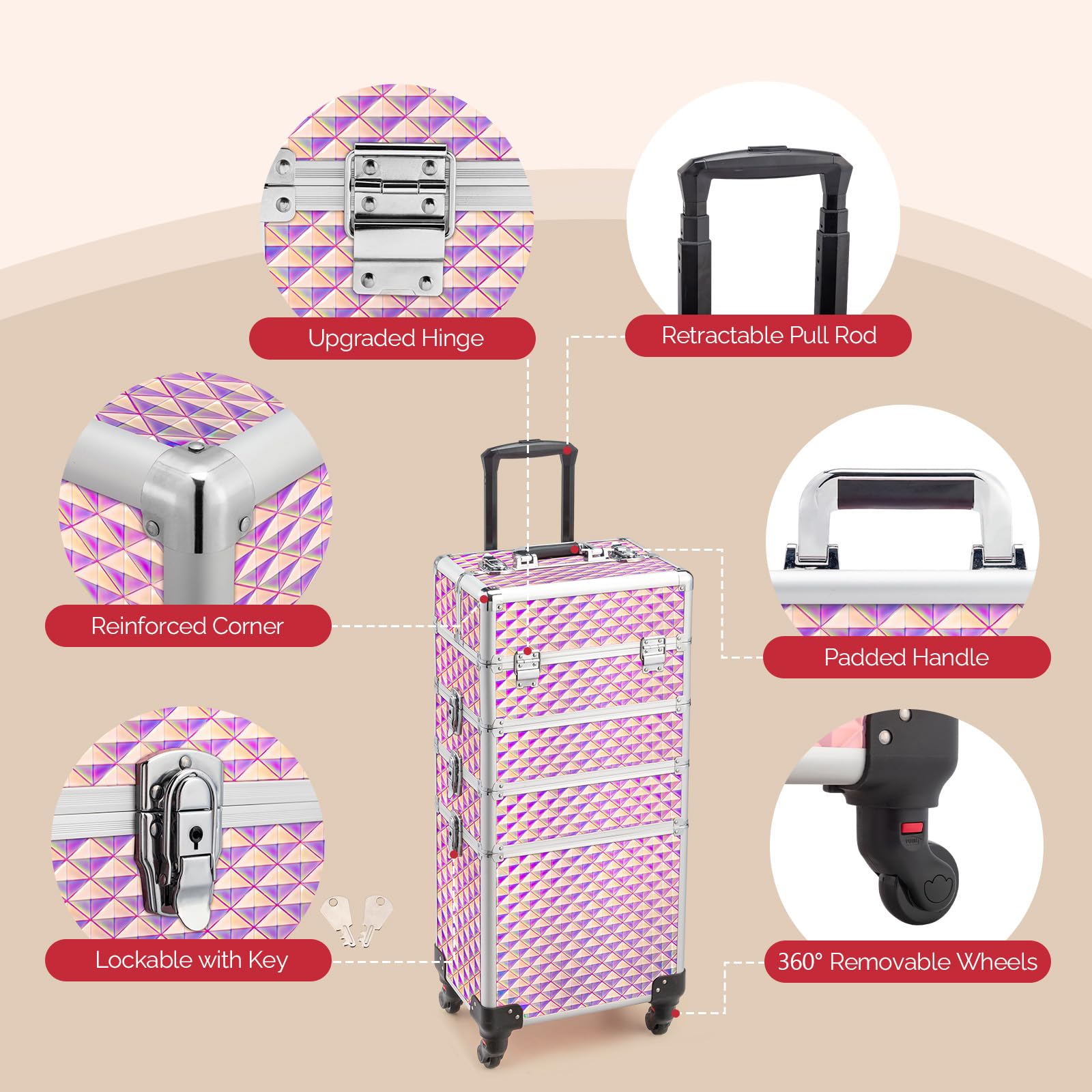 OmySalon 4-in-1 Aluminum Lockable Rolling Makeup Train Case