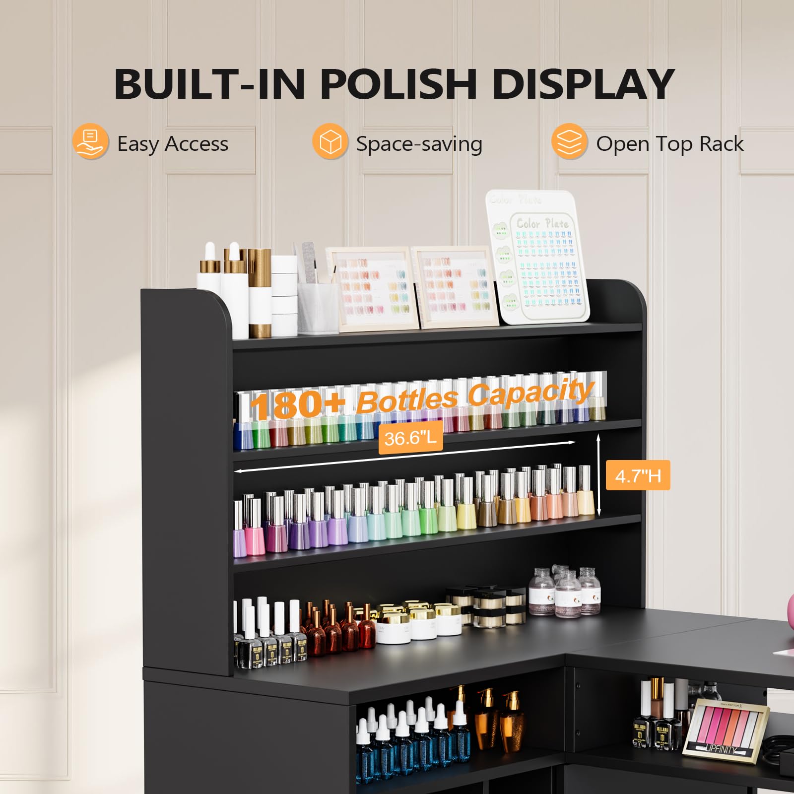 OmySalon MT-LS 52" L Shaped Nail Manicure Table w/Polish Display Rack & Electric Dust Collector & Wrist Rest