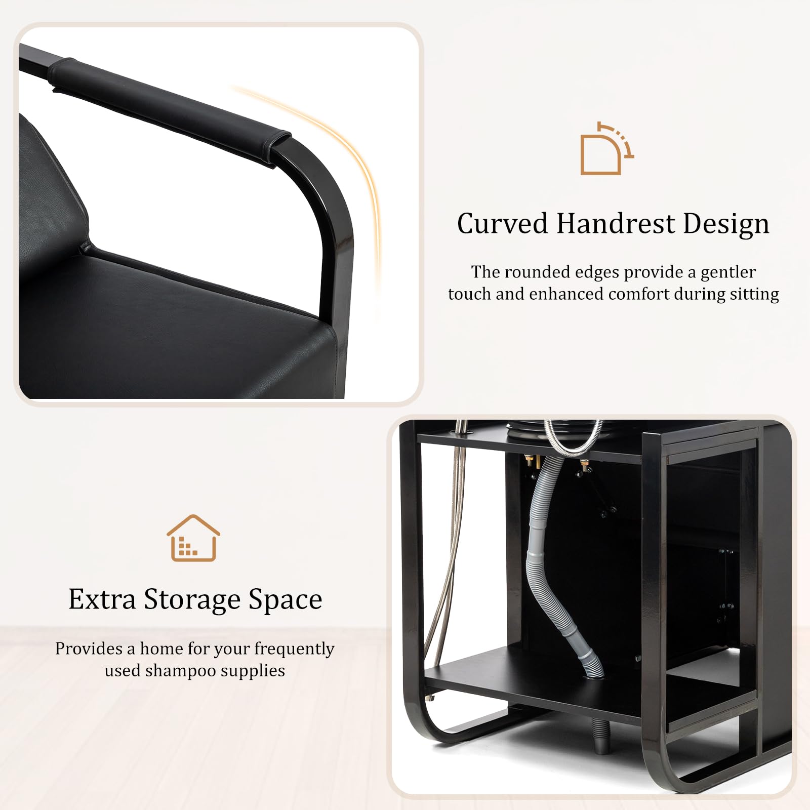 OmySalon BU2201 Salon Shampoo Backwash Chair Unit with Tilting Ceramic Bowl & Storage Shelf