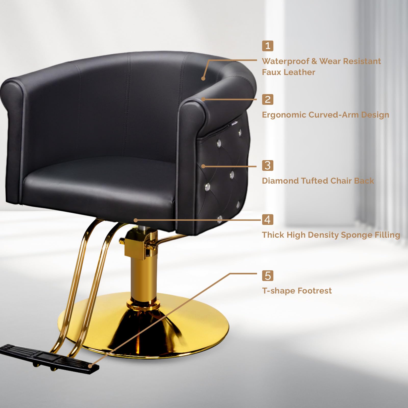 OmySalon SC3101 Modern Heavy Duty Hydraulic Swivel Hair Stylist Salon Chair w/Curved Backrest and Acrylic Button Accents