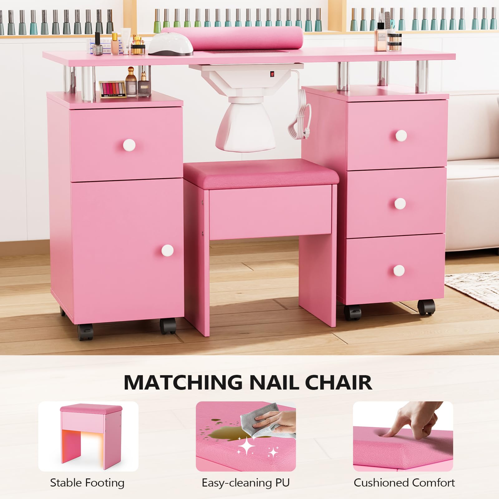 OmySalon MT-DCCH Nail Manicure Table and Chair Set w/Electric Dust Collector & Wrist Rest