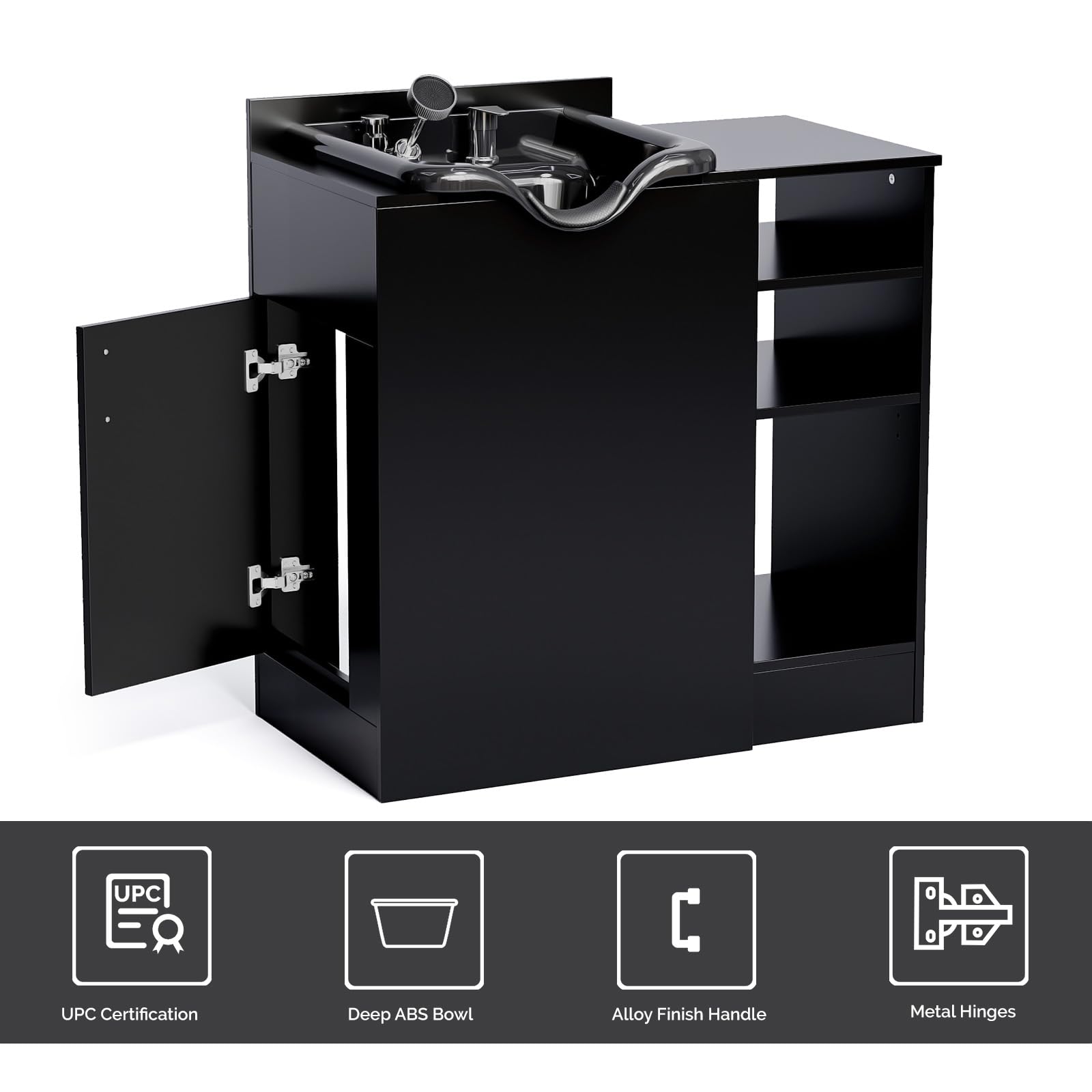 Omysalon HWCOC Salon Wet Cabinet Station with Shampoo Bowl & Adjustable Shelves & Sprayer Faucet