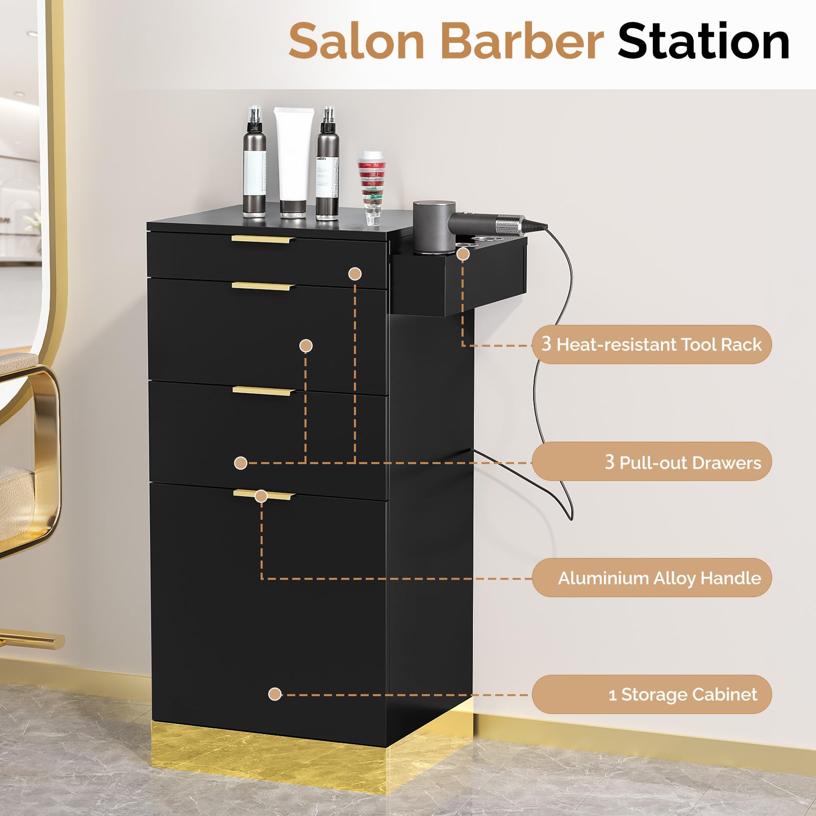 OmySalon SCWS Modern Style Salon Styling Storage Station with 3 Drawers 1 Cabinet 3 Hair Dryer Holders