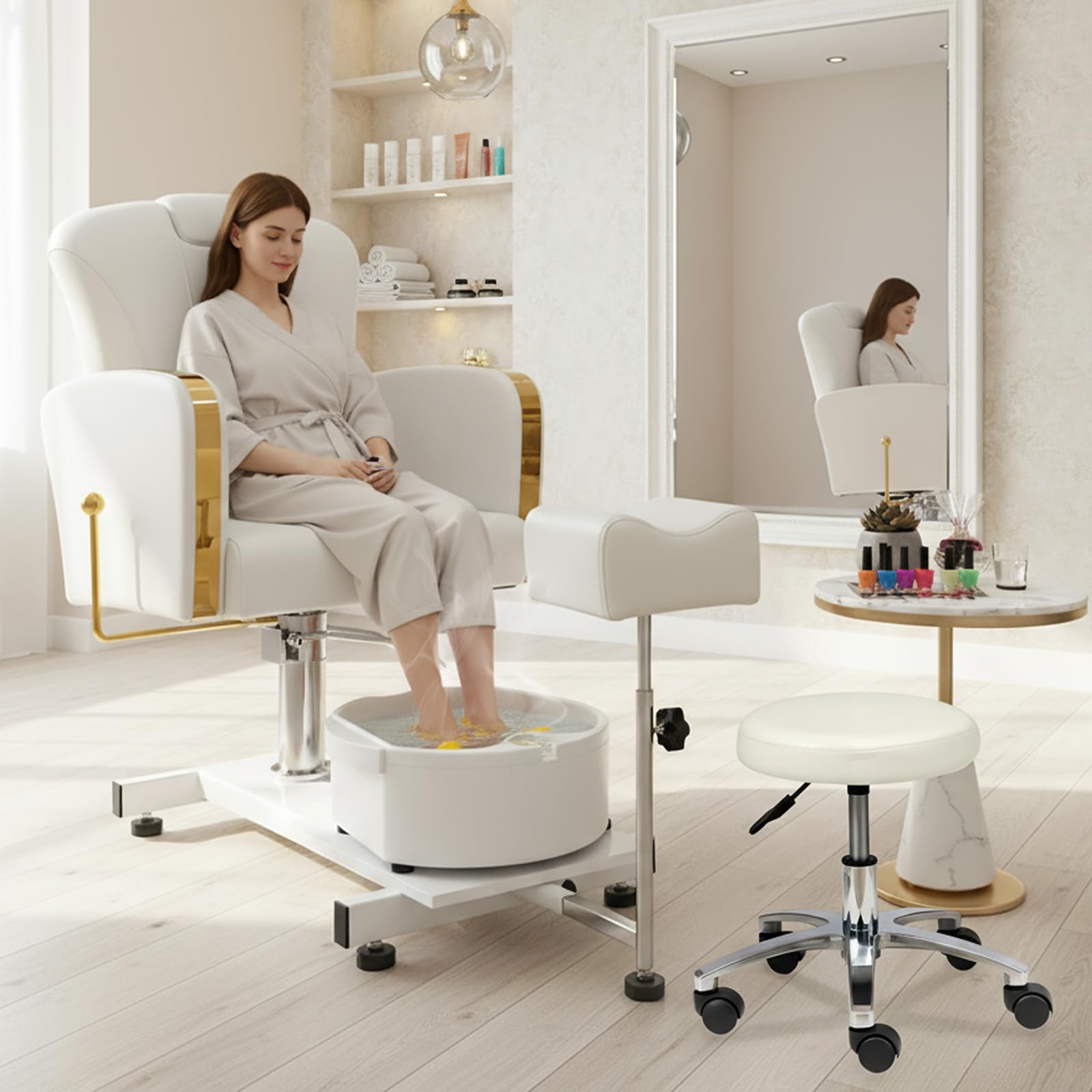 OmySalon PCM-WB 360° Rotation Hydraulic Pedicure Chair with Bubble Foot Bath & Rolling Stool