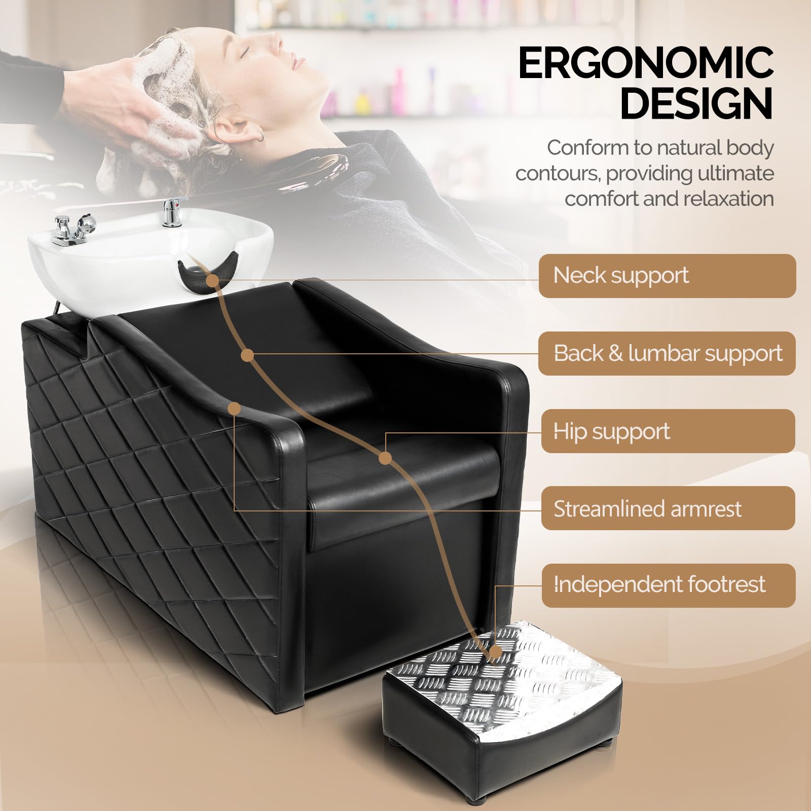 OmySalon BU1701 Salon Shampoo Bowl and Chair Backwash Unit with Large Ceramic Bowl & Freestanding Ottoman