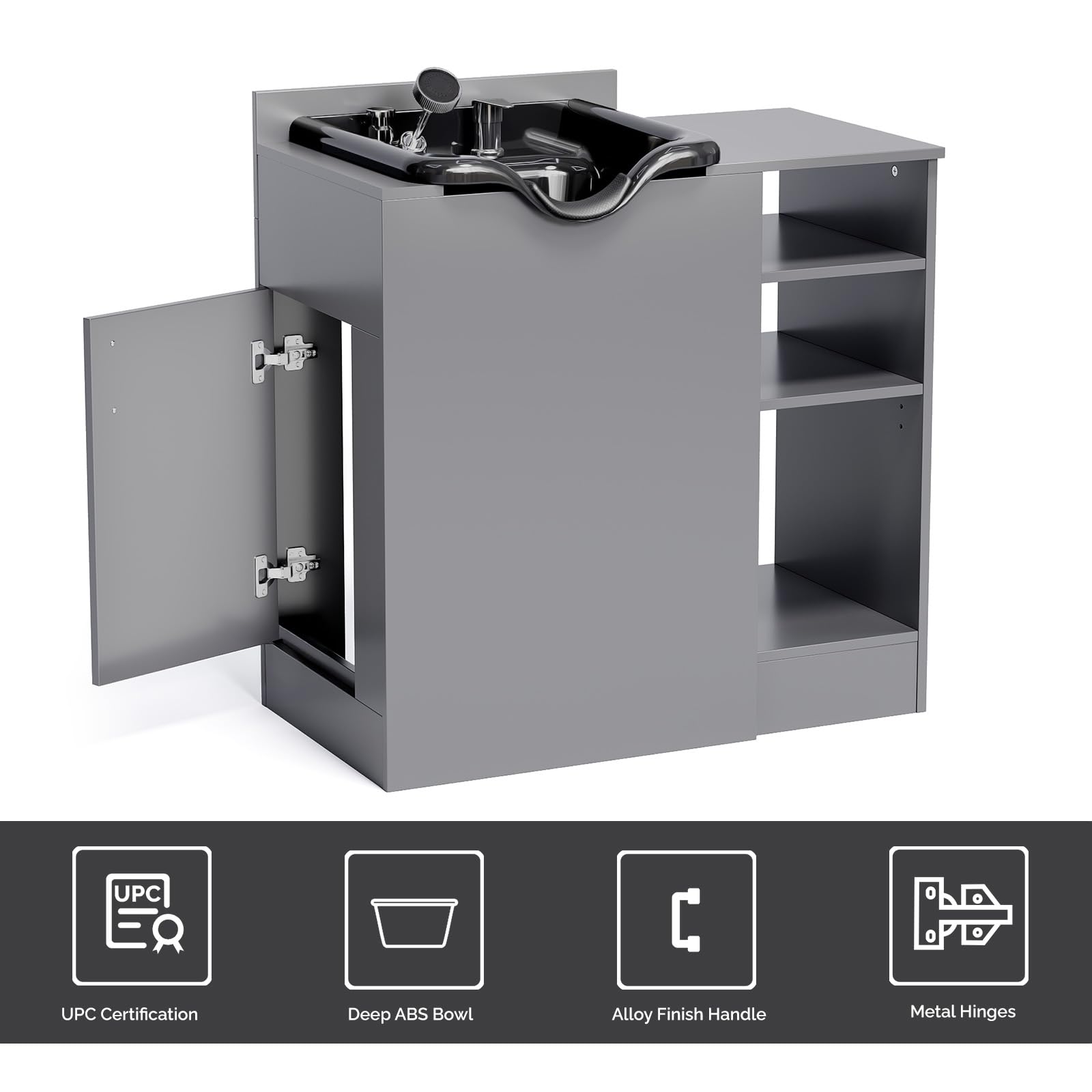 Omysalon HWCOC Salon Wet Cabinet Station with Shampoo Bowl & Adjustable Shelves & Sprayer Faucet