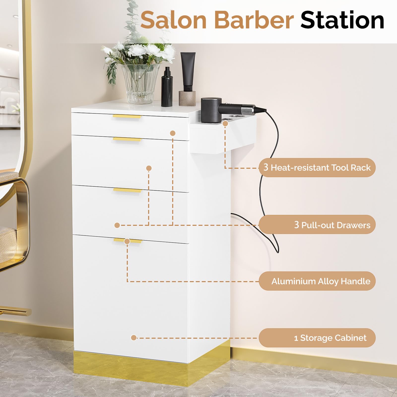 OmySalon SCWS Modern Style Salon Styling Storage Station with 3 Drawers 1 Cabinet 3 Hair Dryer Holders