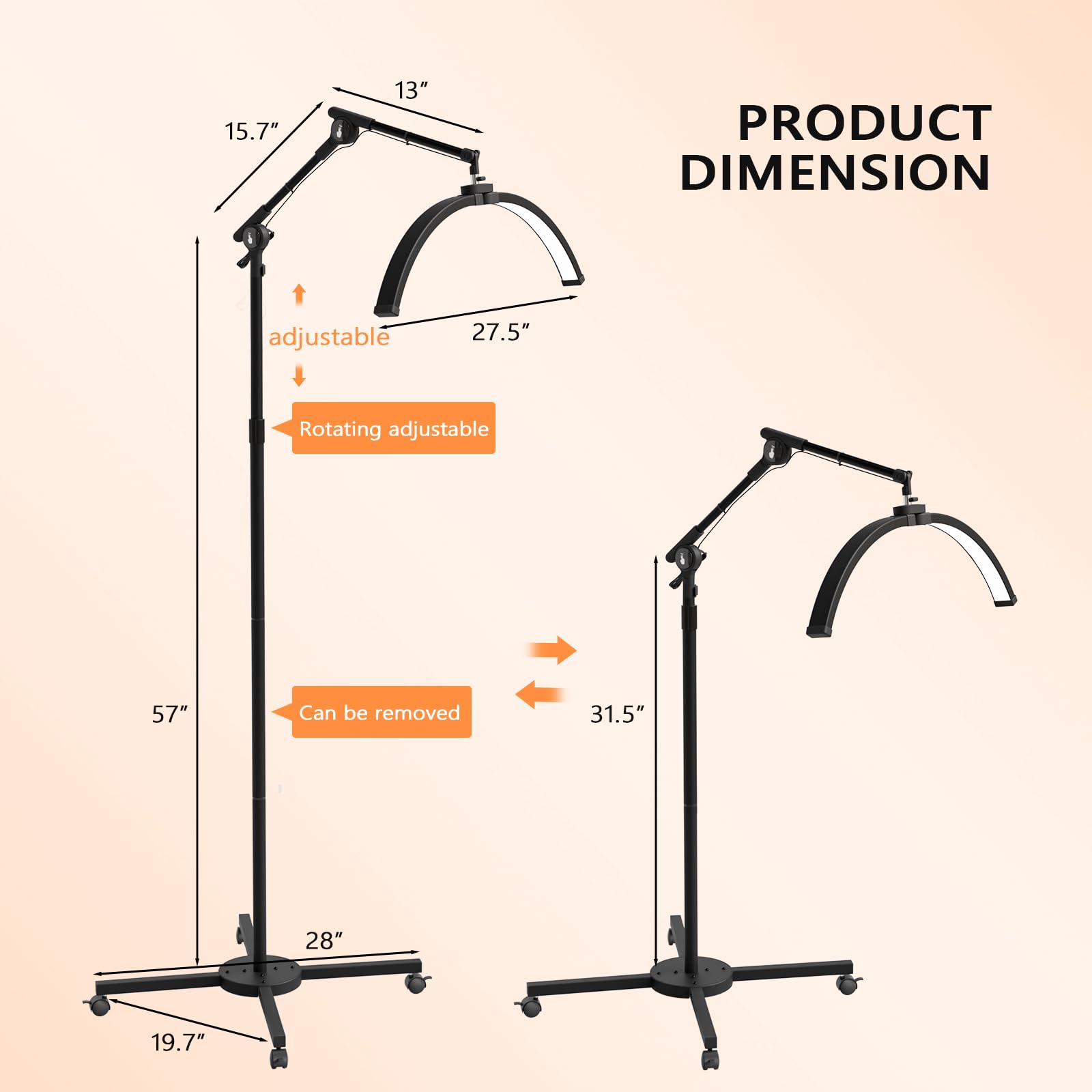 OmySalon Height Adjustable Shadowless Half Moon LED Floor Lamp with 3000-6500K Adjustable Color Temperature, Stepless Dimming & Phone Holder