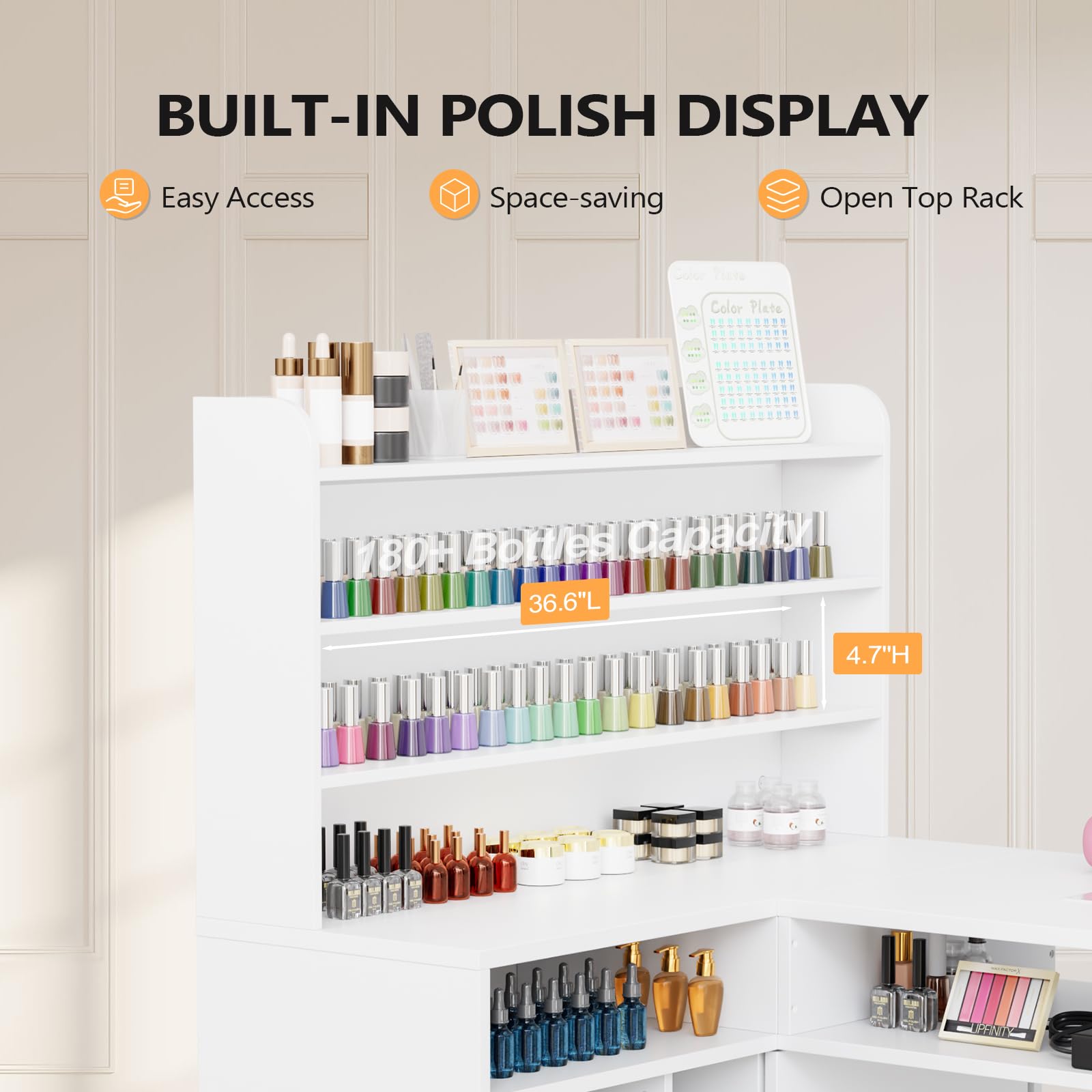 OmySalon MT-LS 52" L Shaped Nail Manicure Table w/Polish Display Rack & Electric Dust Collector & Wrist Rest