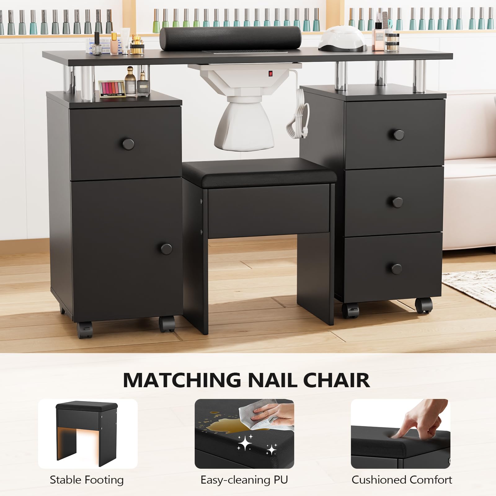 OmySalon MT-DCCH Nail Manicure Table and Chair Set w/Electric Dust Collector & Wrist Rest