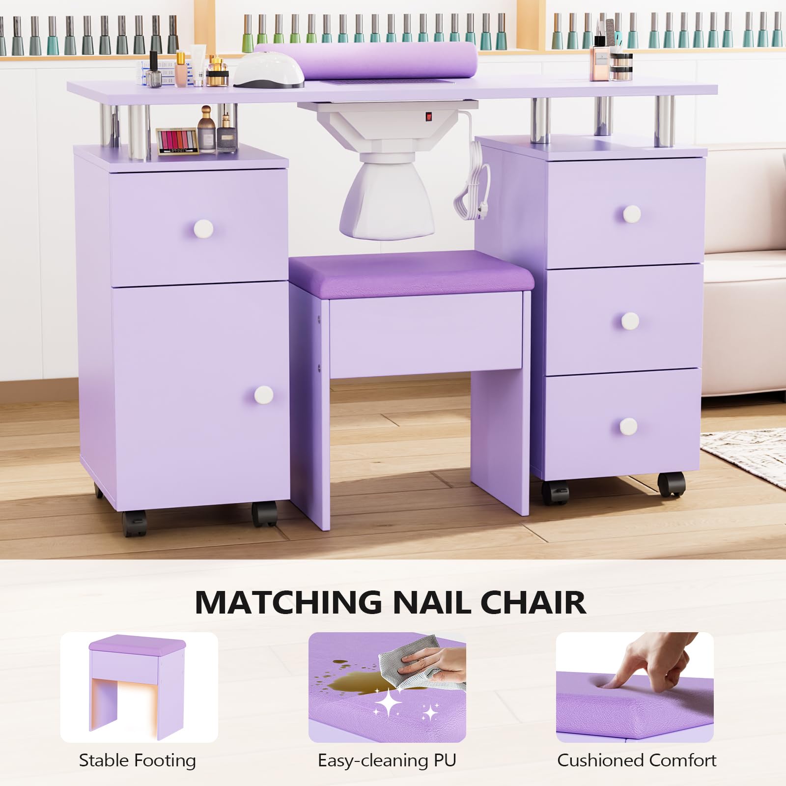 OmySalon MT-DCCH Nail Manicure Table and Chair Set w/Electric Dust Collector & Wrist Rest