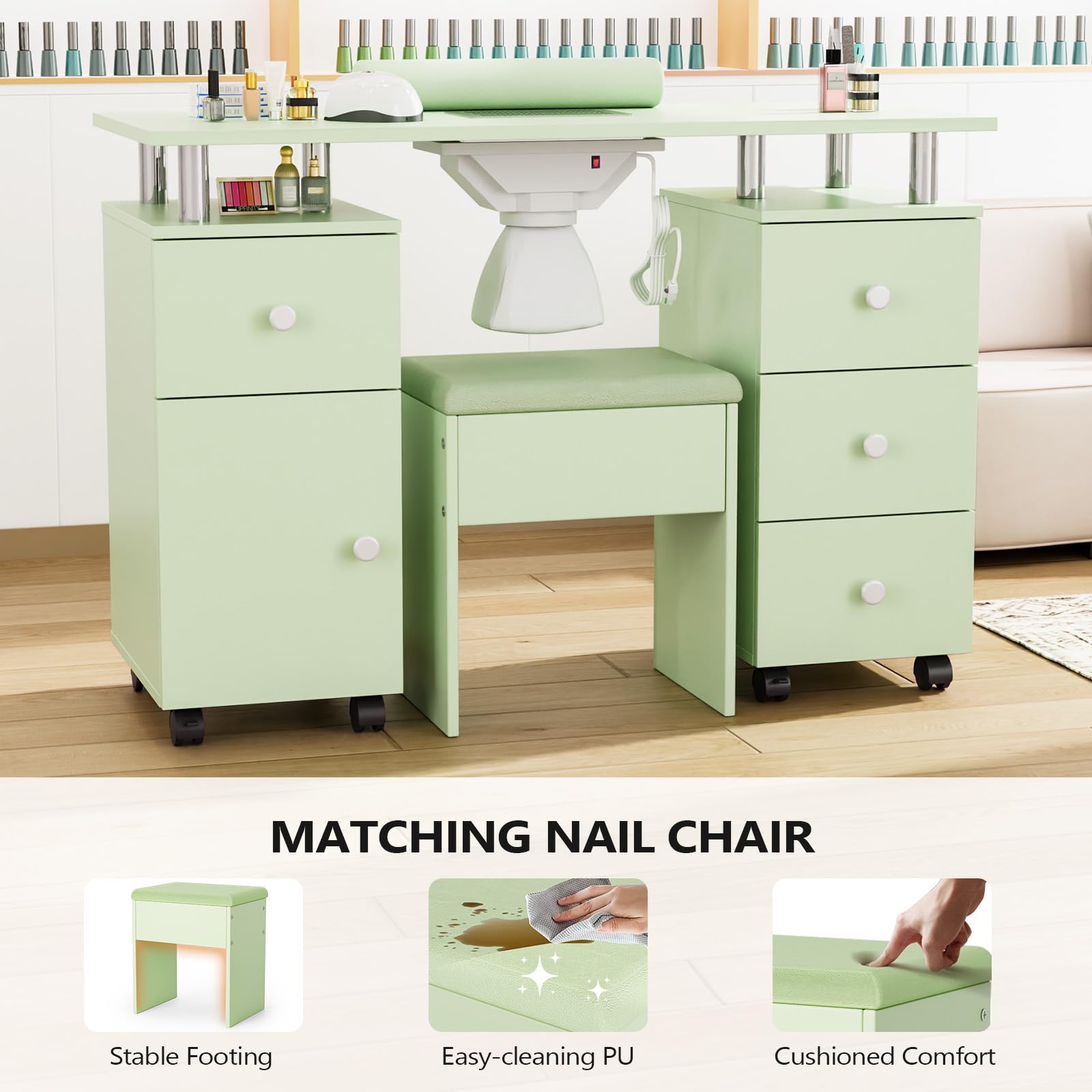 OmySalon MT-DCCH Nail Manicure Table and Chair Set w/Electric Dust Collector & Wrist Rest