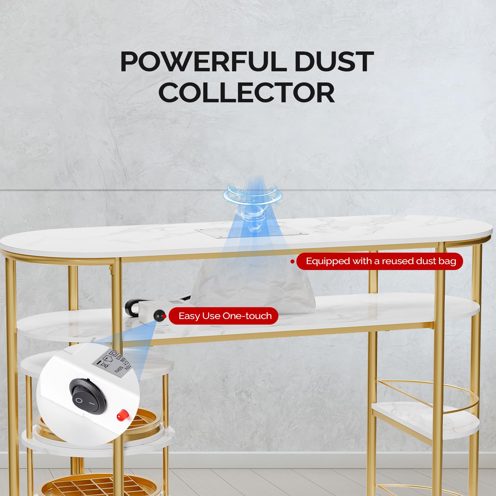 OmySalon MT-WRCT Marbling Manicure Table w/Electric Dust Collector & Rolling Trolley
