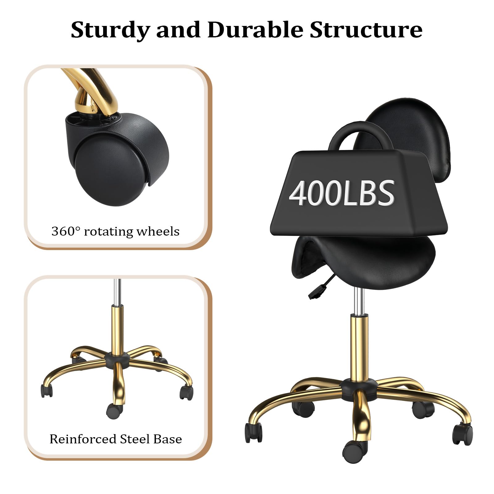 OmySalon Hydraulic Adjustable Rolling Saddle Stool with Back Support