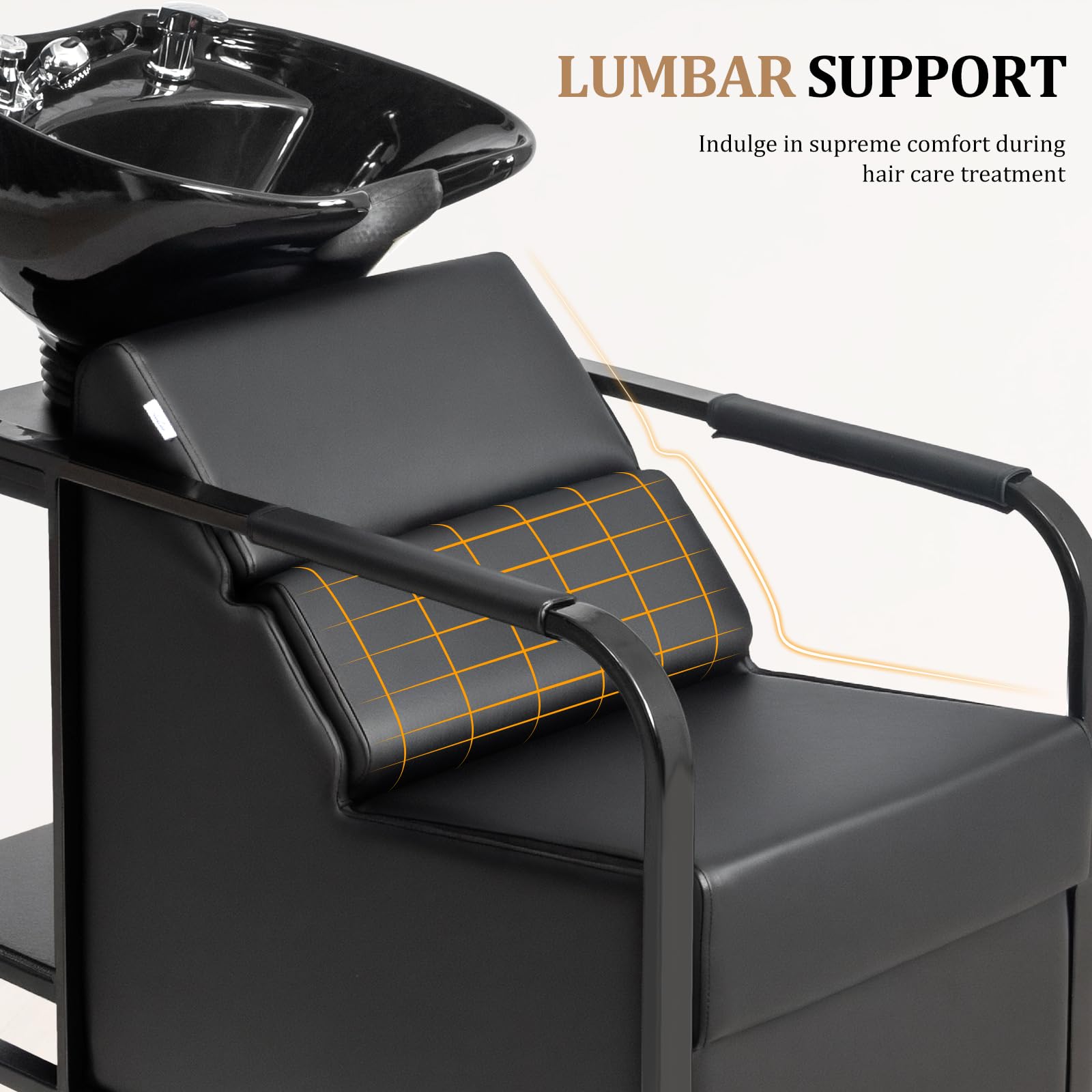 OmySalon BU2201 Salon Shampoo Backwash Chair Unit with Tilting Ceramic Bowl & Storage Shelf