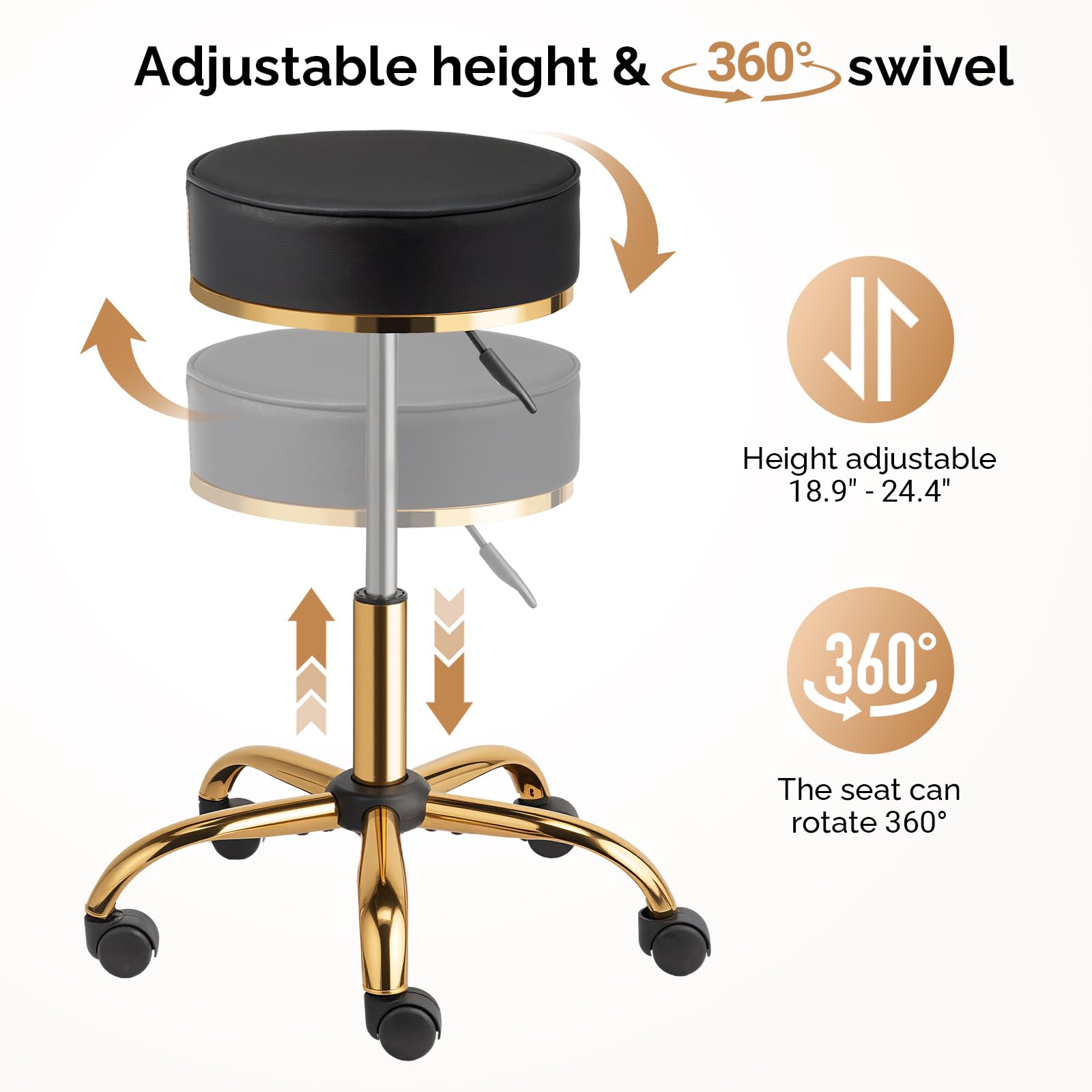 OmySalon Luxury 360° Swivel Hydraulic Adjustable Rolling Round Stool with Wheels