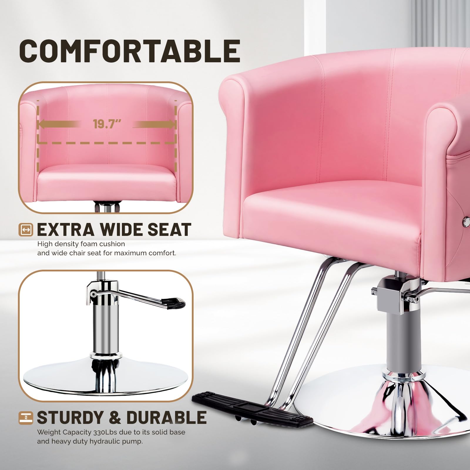 OmySalon SC3101 Modern Heavy Duty Hydraulic Swivel Hair Stylist Salon Chair w/Curved Backrest and Acrylic Button Accents