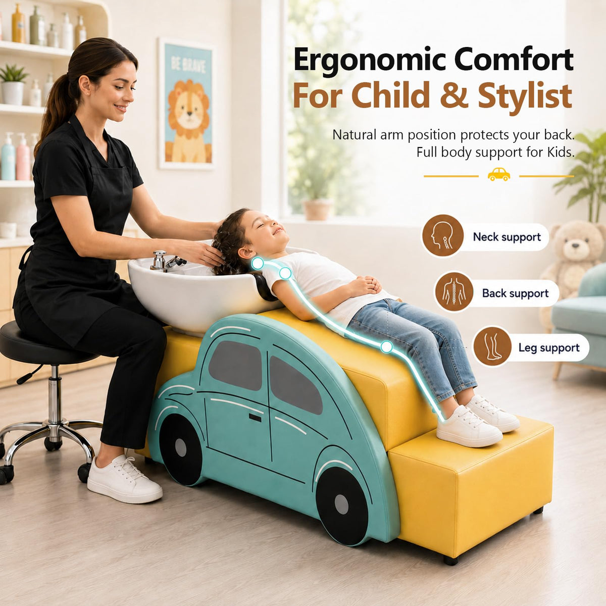 OmySalon BU2802 Child Shampoo Bowl and Chair Backwash Unit with Ceramic Bowl & Reclining Car Seat
