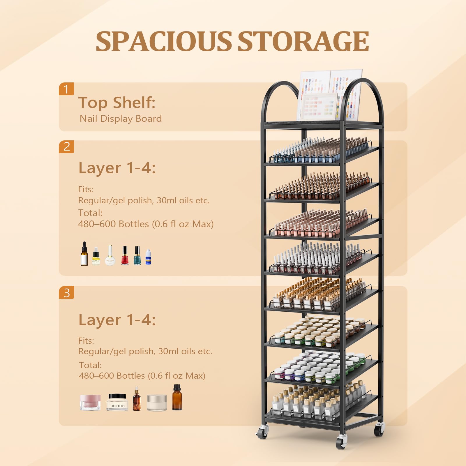OmySalon 8-Tier Rolling Nail Polish & Powder Display Organizer Rack with Wheels